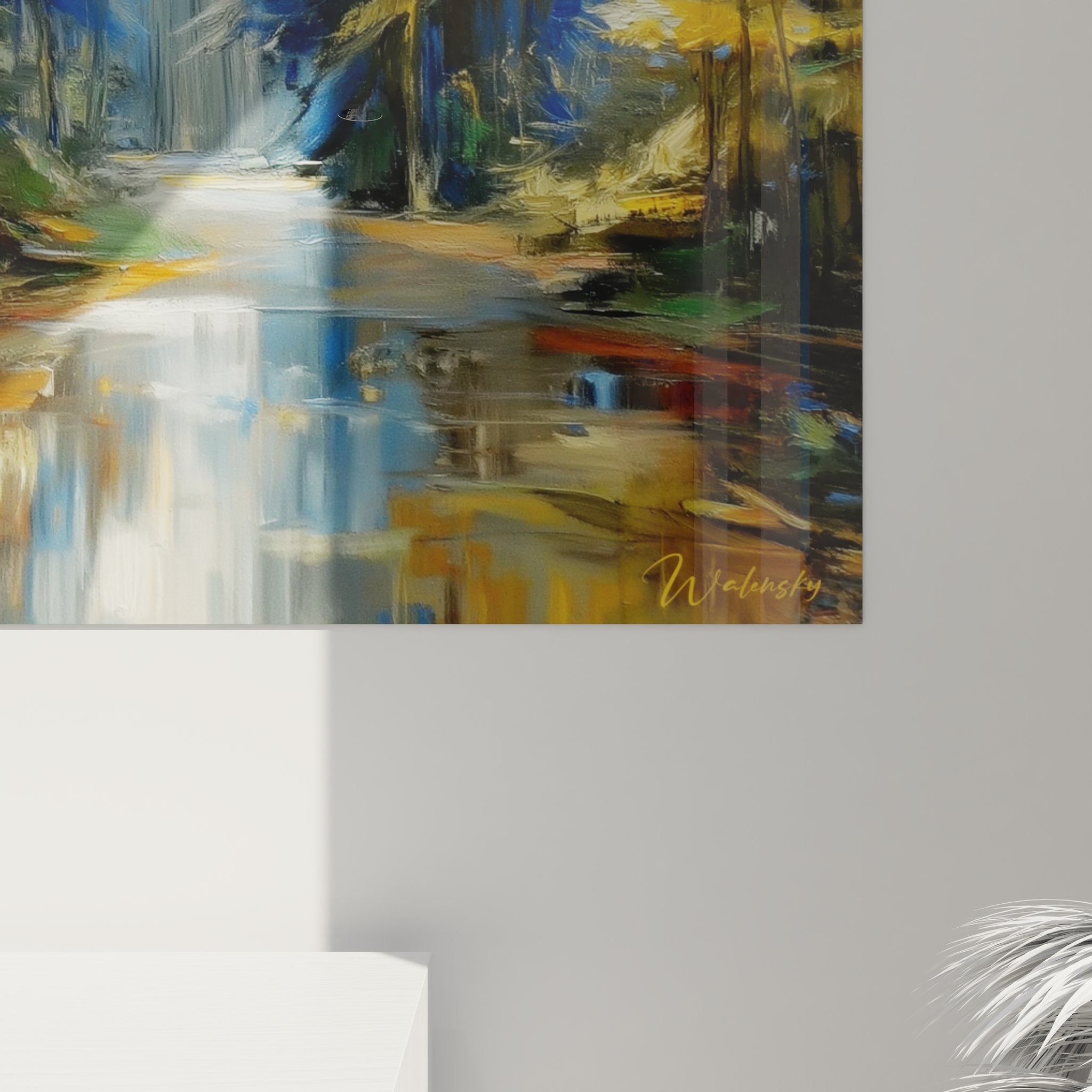 Vue d'ensemble tableau mural ruisseau forestier, peinture nature aux tons dorés et bleus pour décoration zen