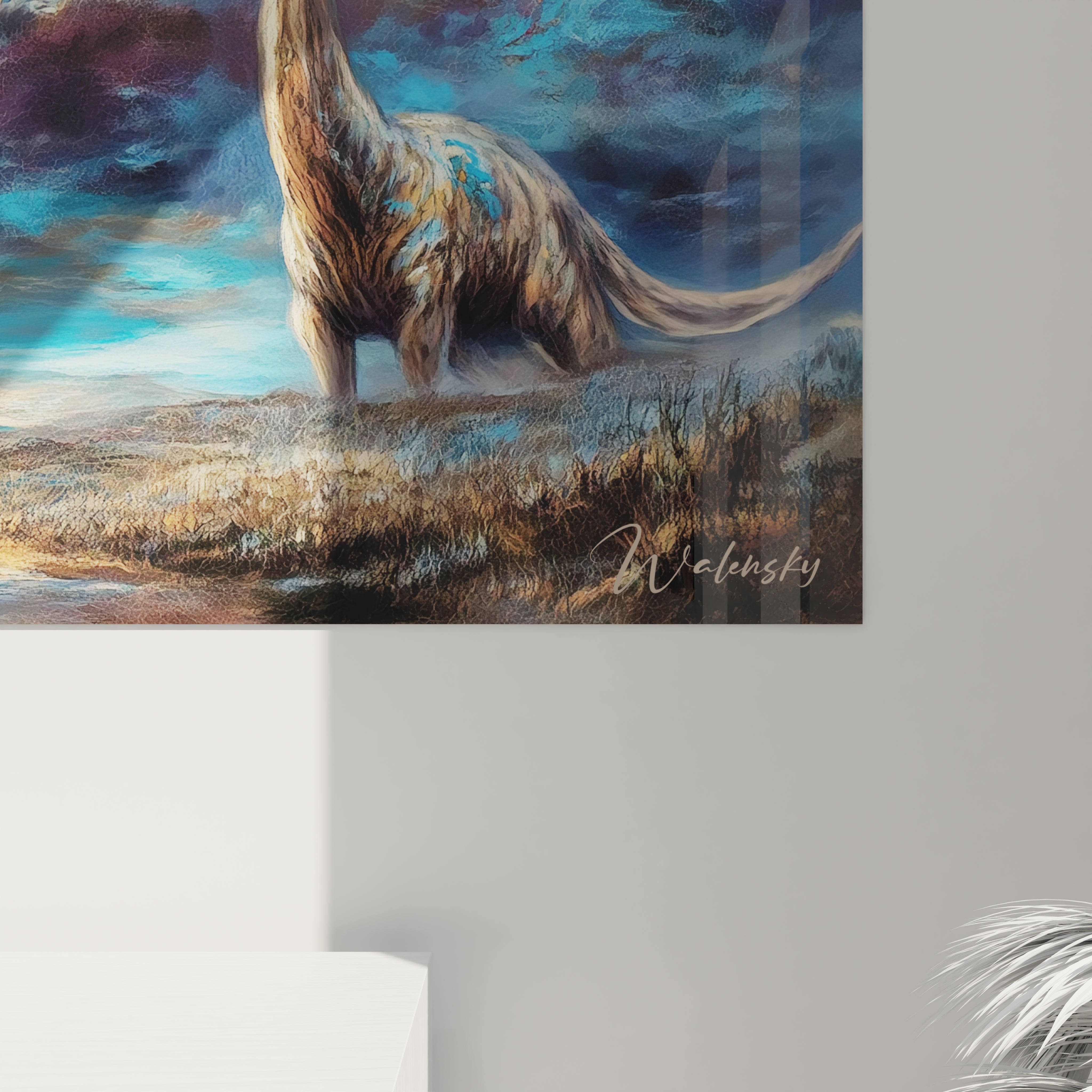 Vue ensemble tableau mural sauropode géant, art dinosaure préhistorique décoration intérieure moderne