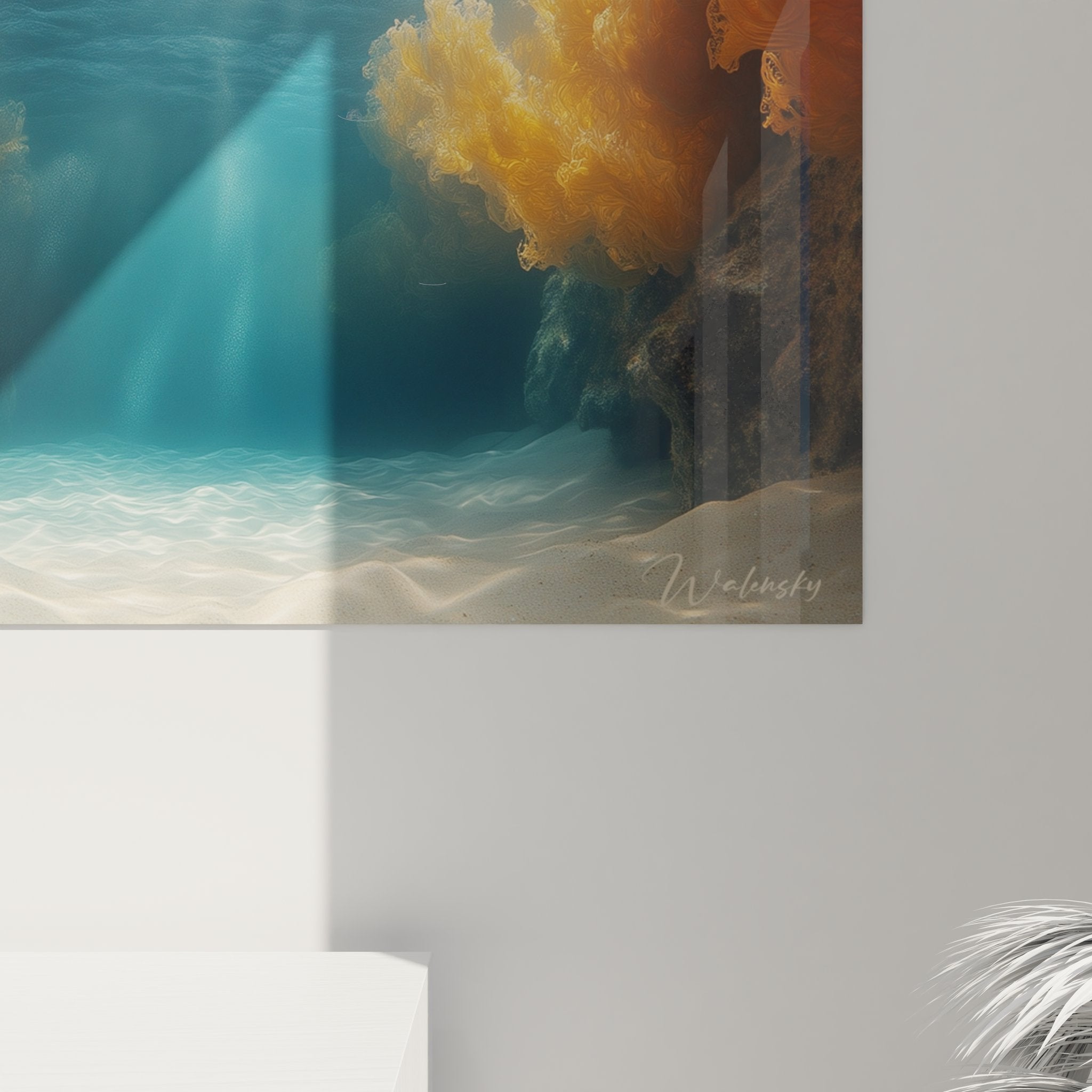 Vue d'ensemble tableau mural scène sous-marine majestueuse dans décoration intérieure contemporaine