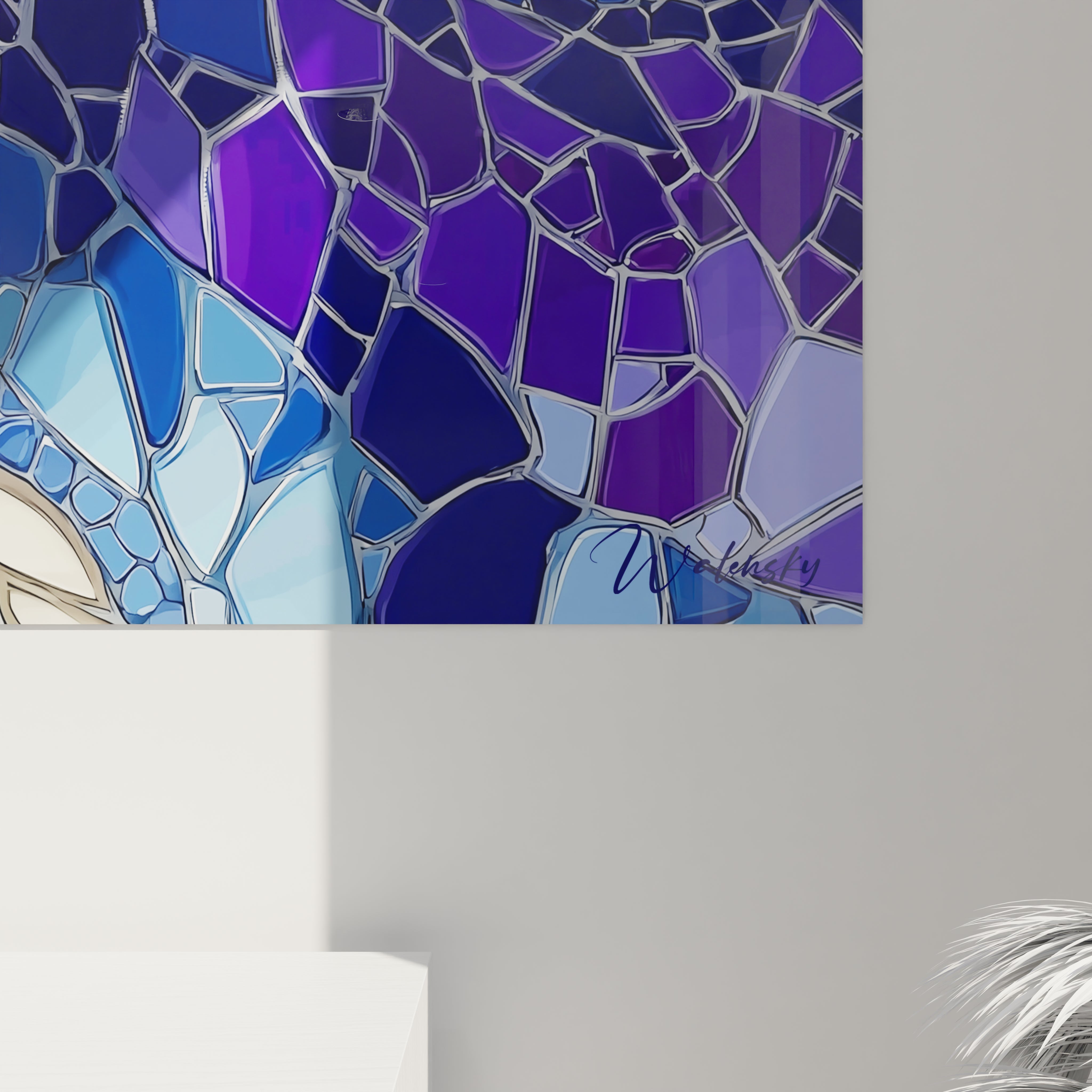 Vue ensemble tableau mural Scutosaurus mosaïque florale, art décoratif dinosaure multicolore