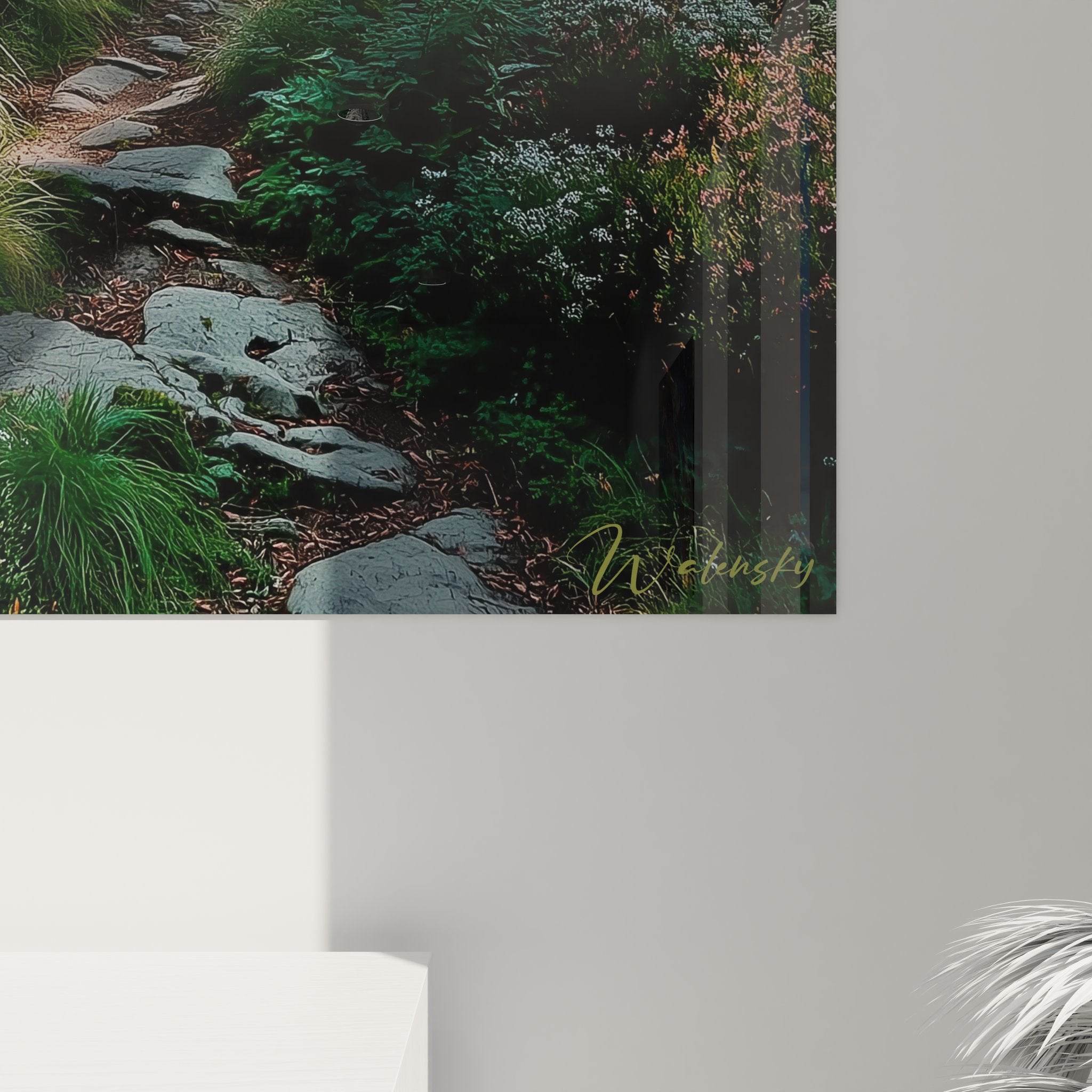 Vue ensemble tableau mural forestier sentier doré parfait pour décoration intérieure nature