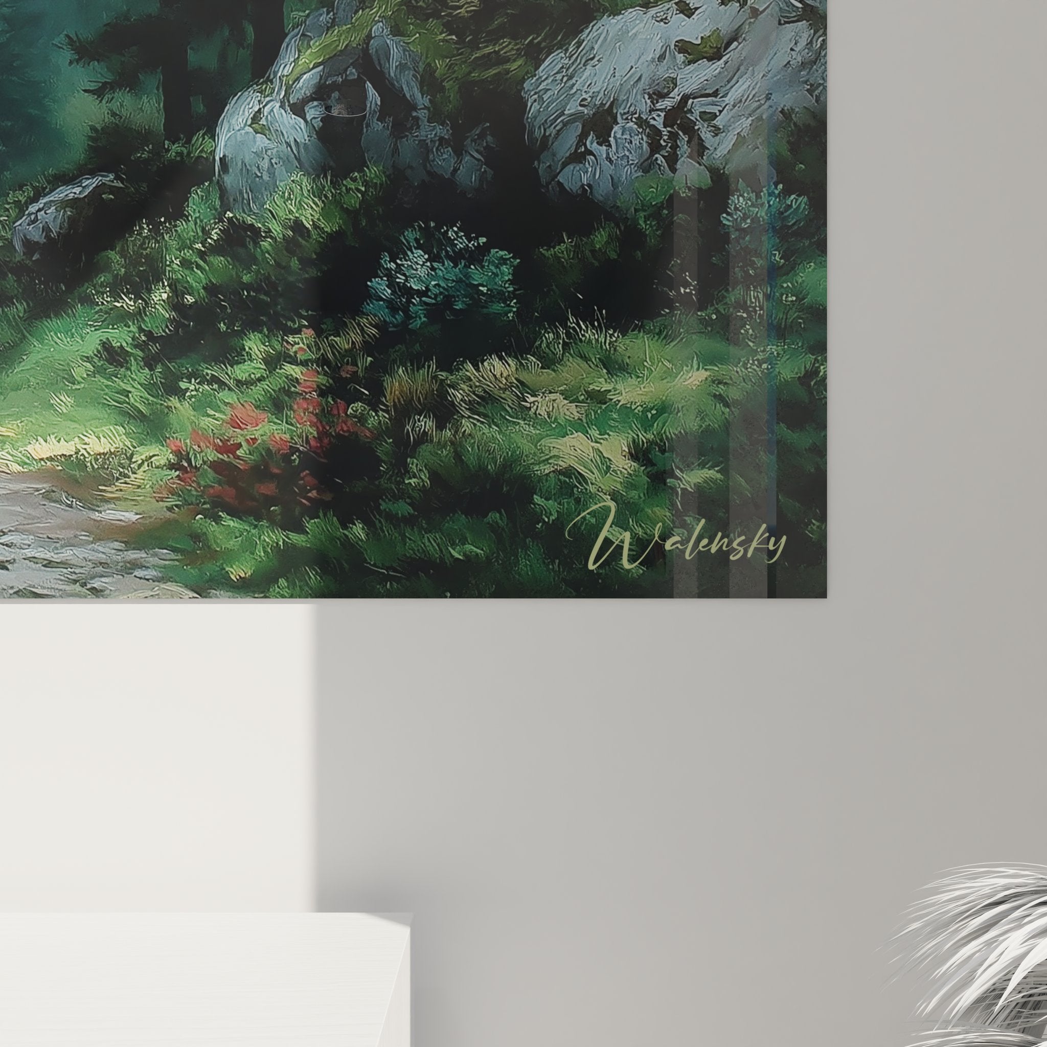 Vue ensemble tableau mural forêt conifères avec sentier brumeux pour décoration intérieure nature