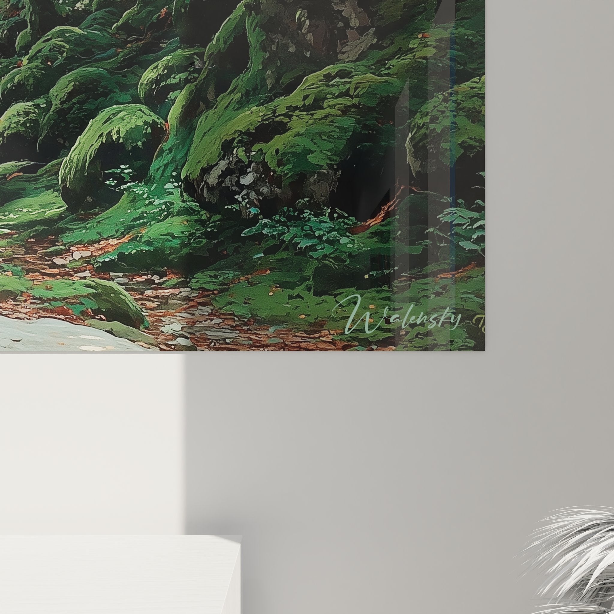 Vue ensemble tableau mural sentier forêt avec montagnes - œuvre art nature mystique complète