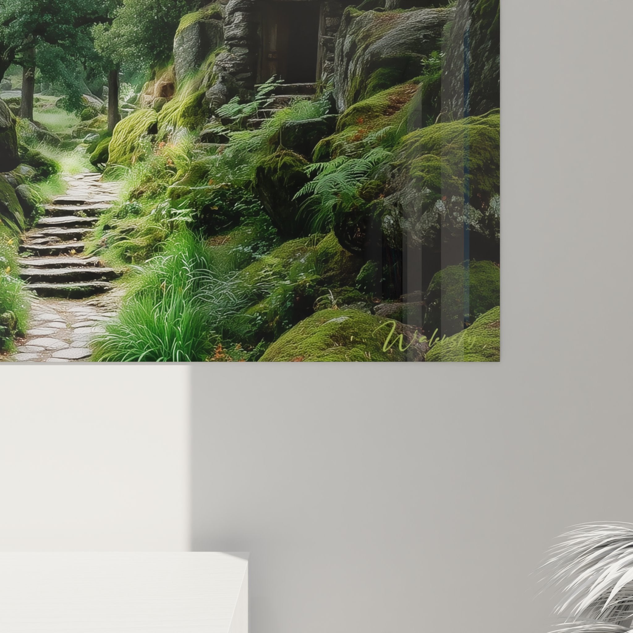 Vue ensemble tableau mural sentier forestier, décoration nature complète ambiance mystique