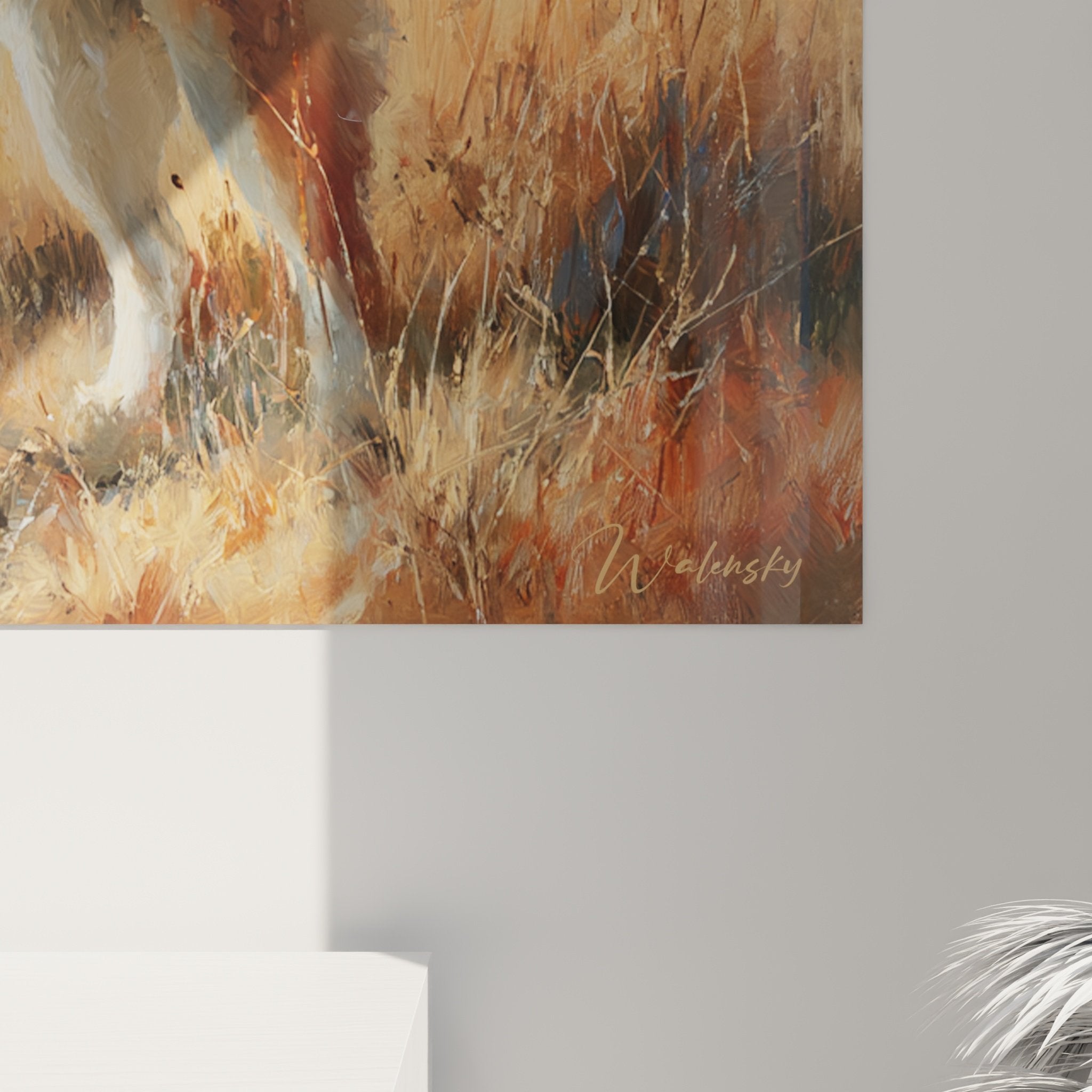 Vue d'ensemble tableau mural Shiba Inu prairie sauvage décoration intérieur naturel