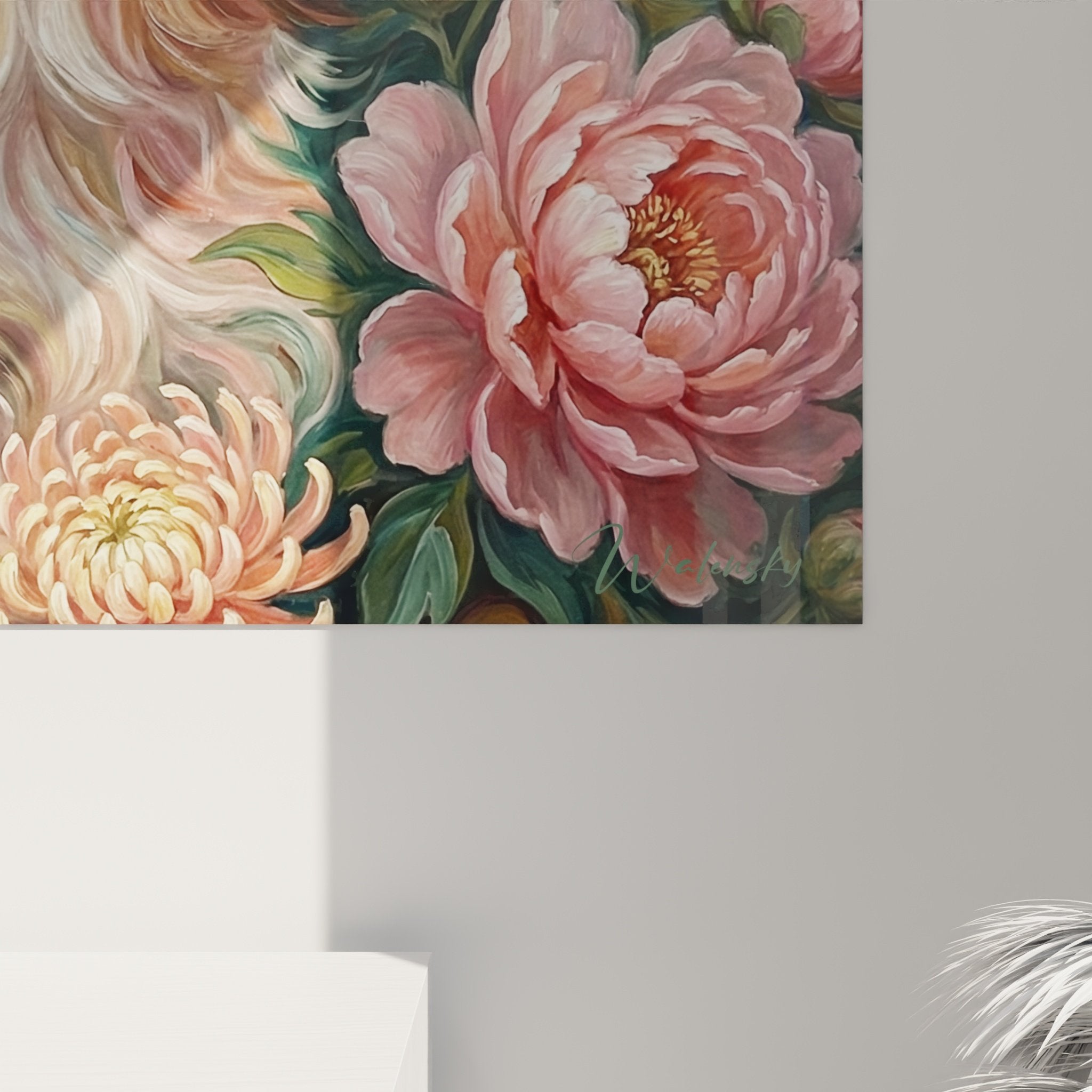 Vue d'ensemble du tableau mural Shih Tzu entouré de fleurs dans un intérieur contemporain