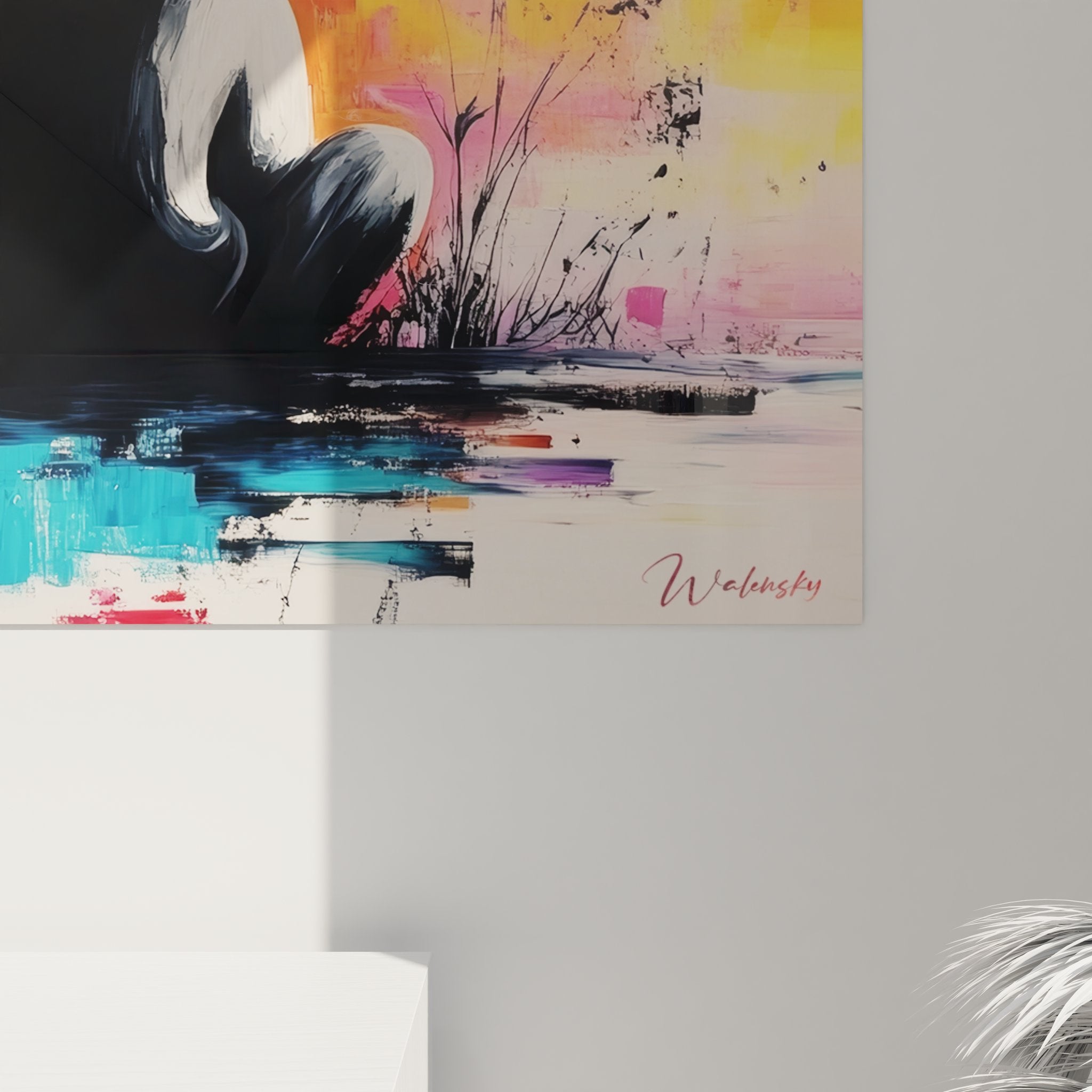 Vue ensemble tableau mural figuratif abstrait silhouette coucher soleil art contemporain coloré