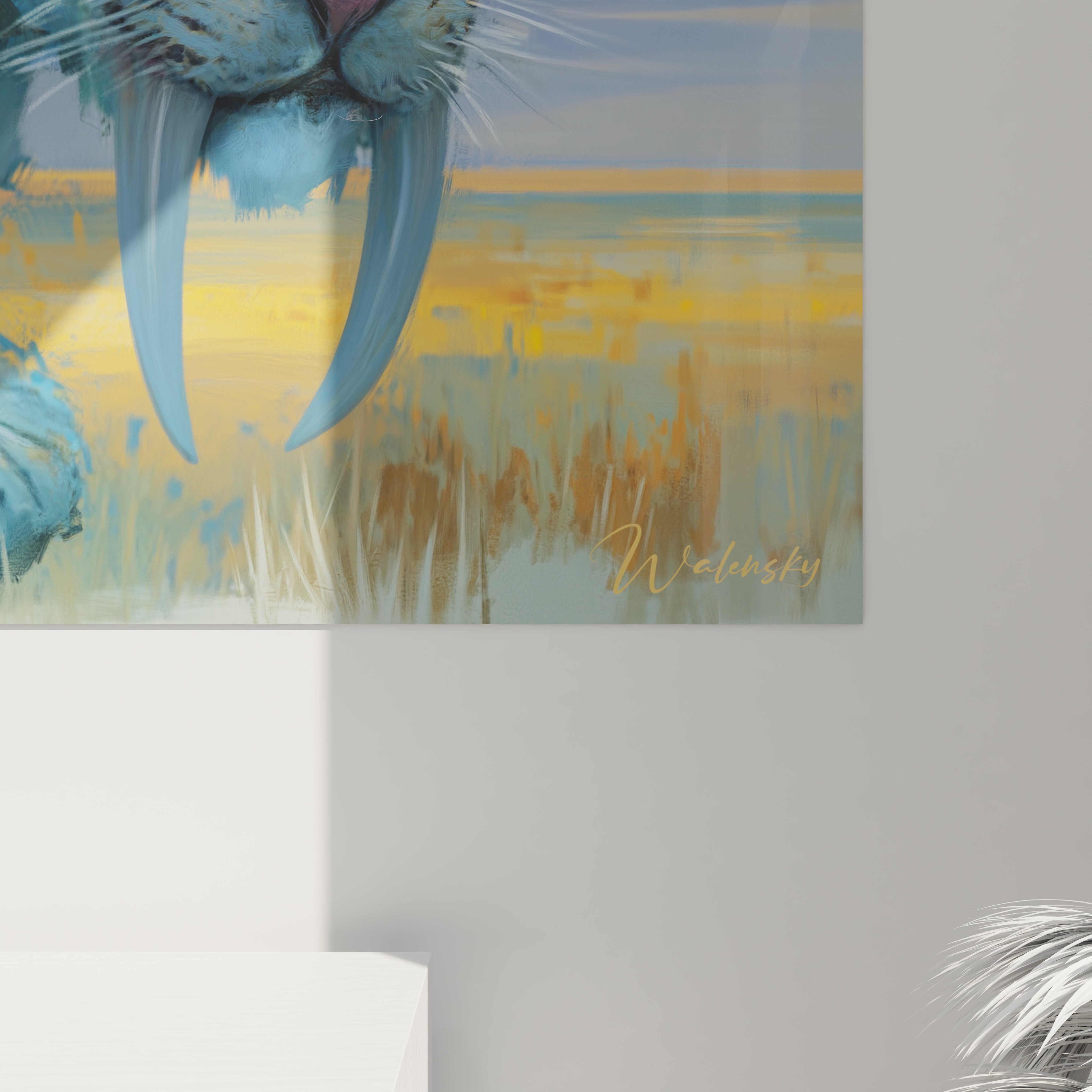 Vue ensemble tableau mural smilodon, art décoratif tigre préhistorique, œuvre complète bleu or