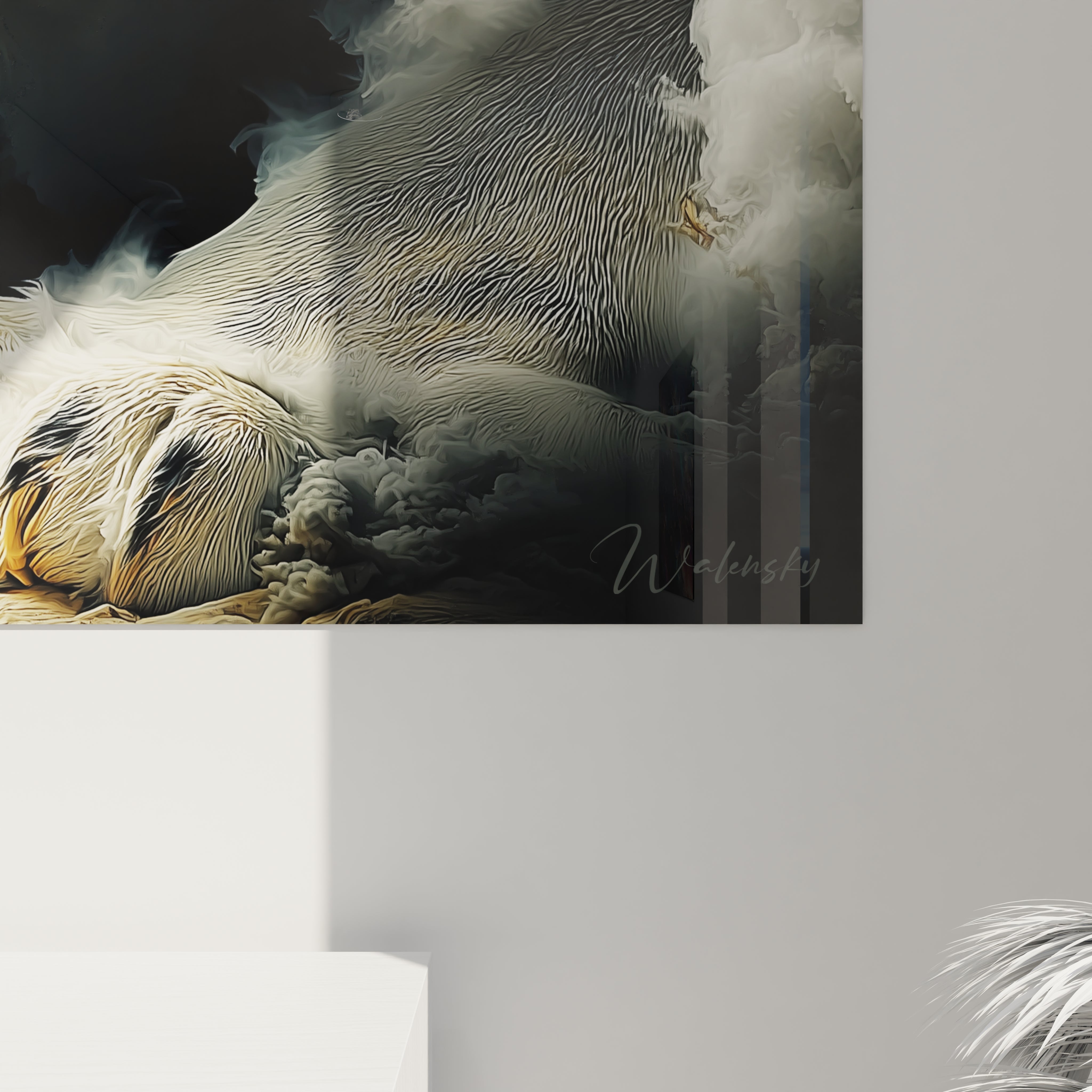 Vue ensemble tableau mural smilodon dans intérieur moderne, art décoratif tigre à dent de sabre