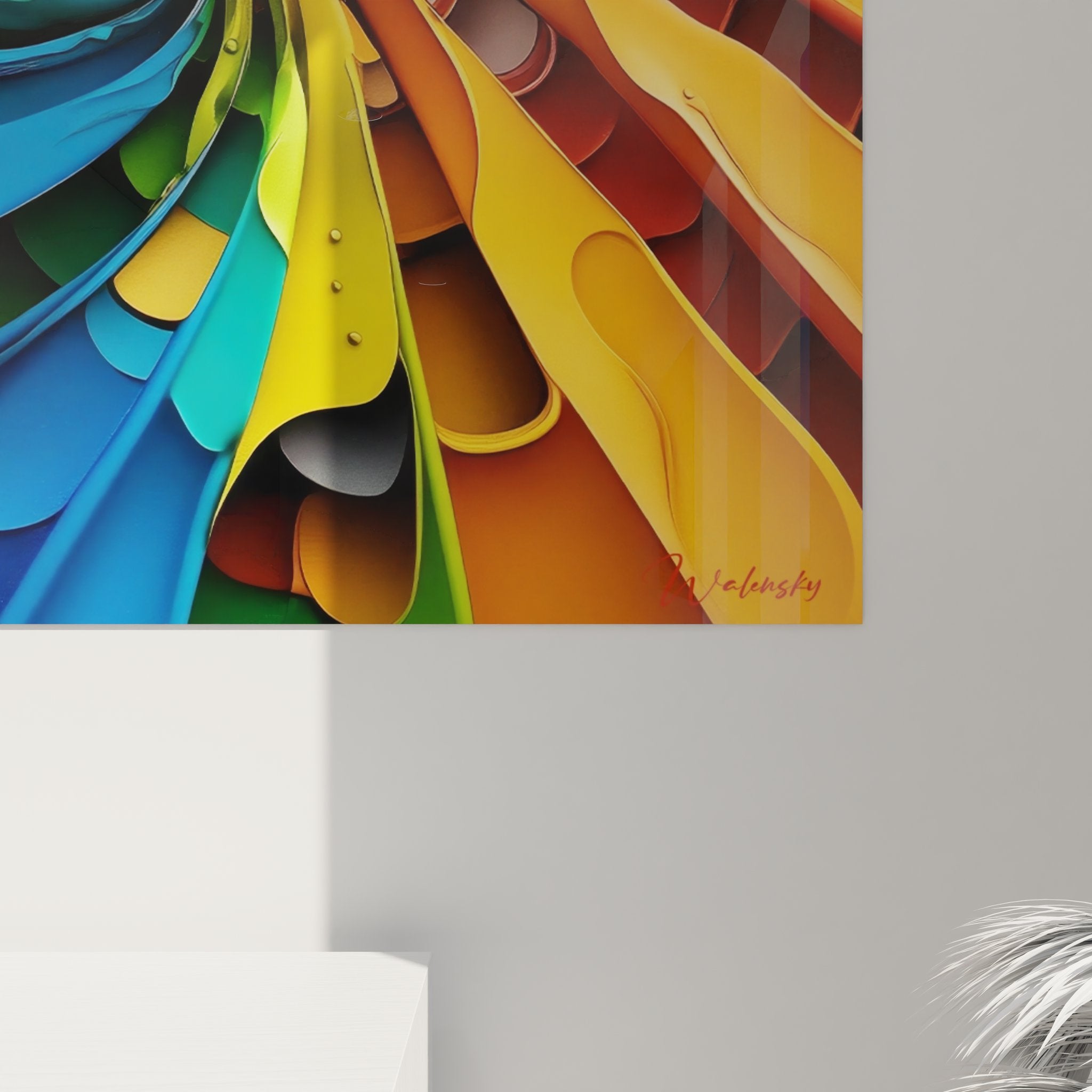 Vue ensemble tableau mural spirale arc-en-ciel décoration intérieure art abstrait coloré