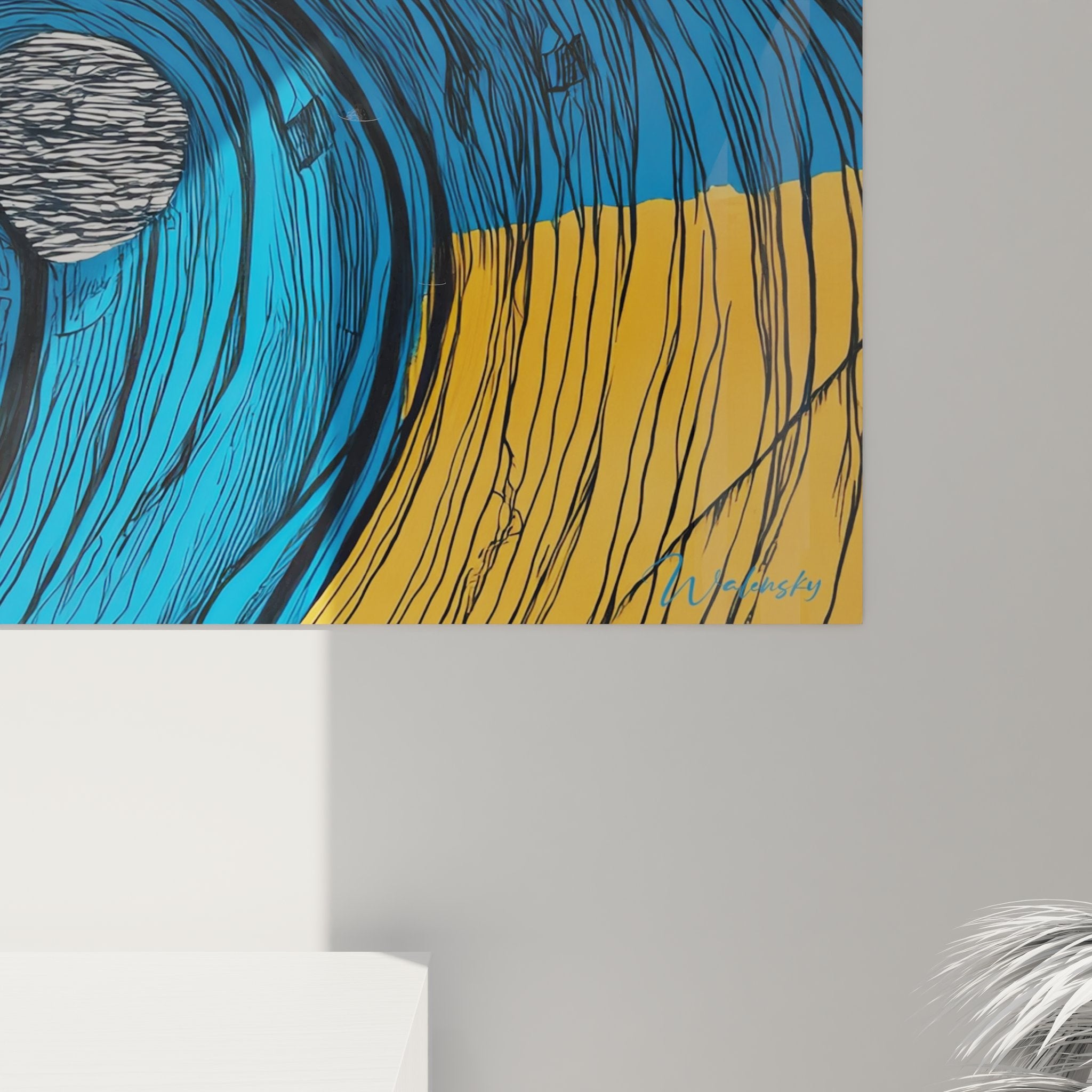 Vue ensemble tableau mural vague spirale abstraite bleue orange décoration intérieure moderne océanique
