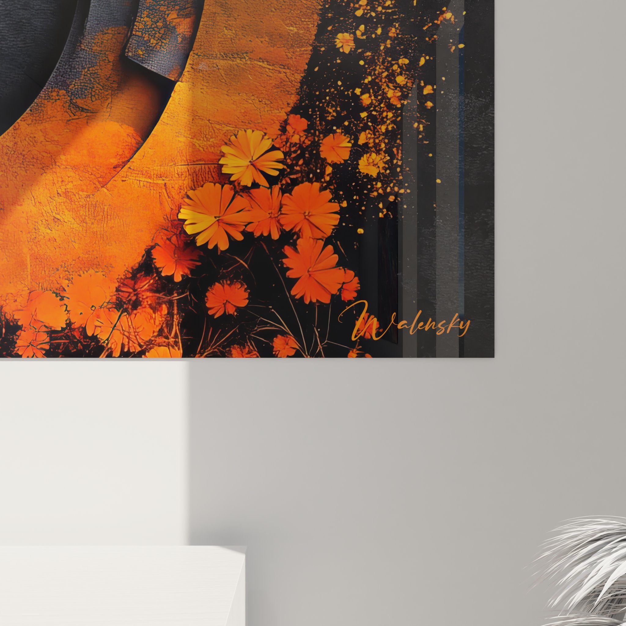 Vue d'ensemble du tableau mural spirale dynamique orange dans son environnement décoratif moderne