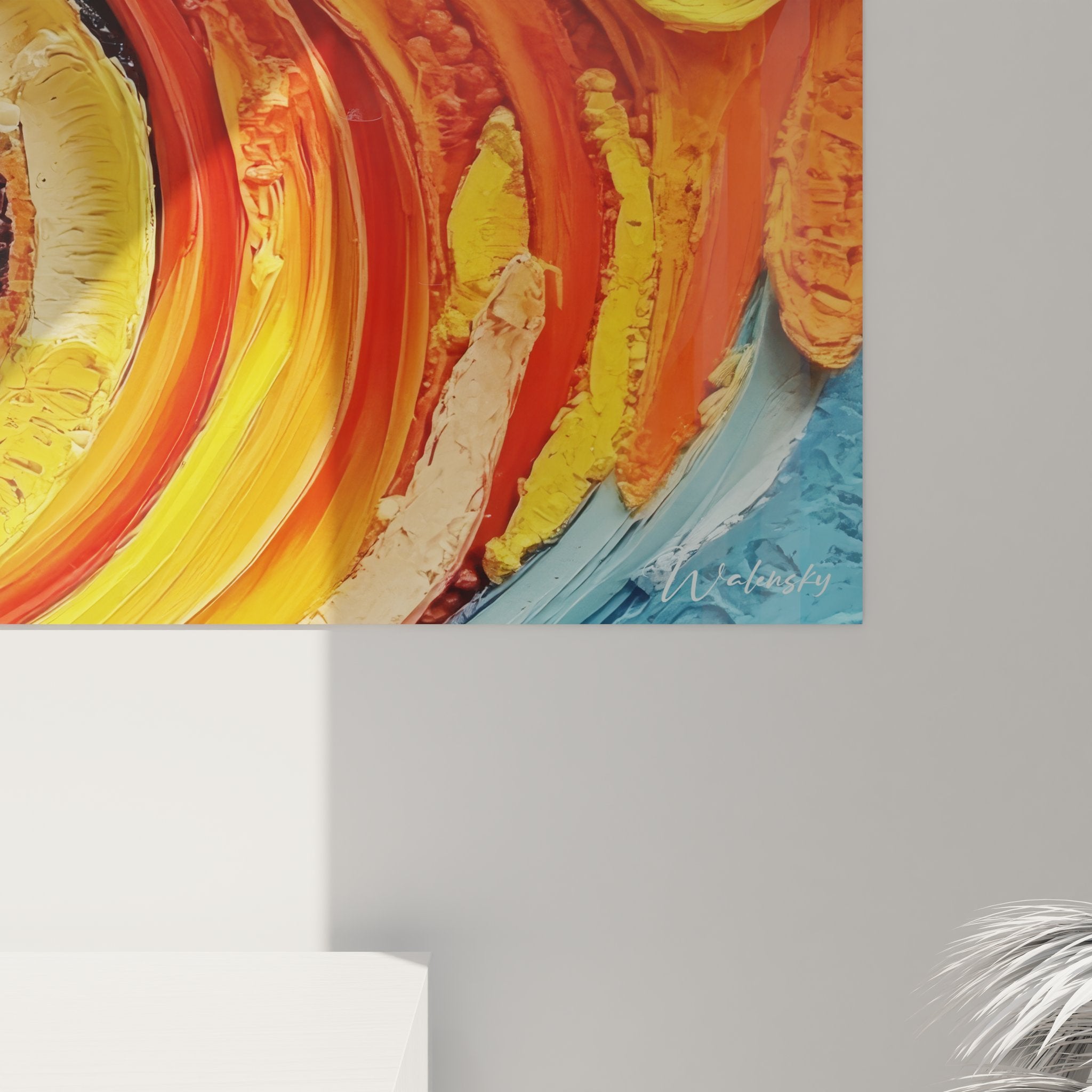 Vue d'ensemble tableau mural spirale vortex multicolore dans intérieur contemporain moderne