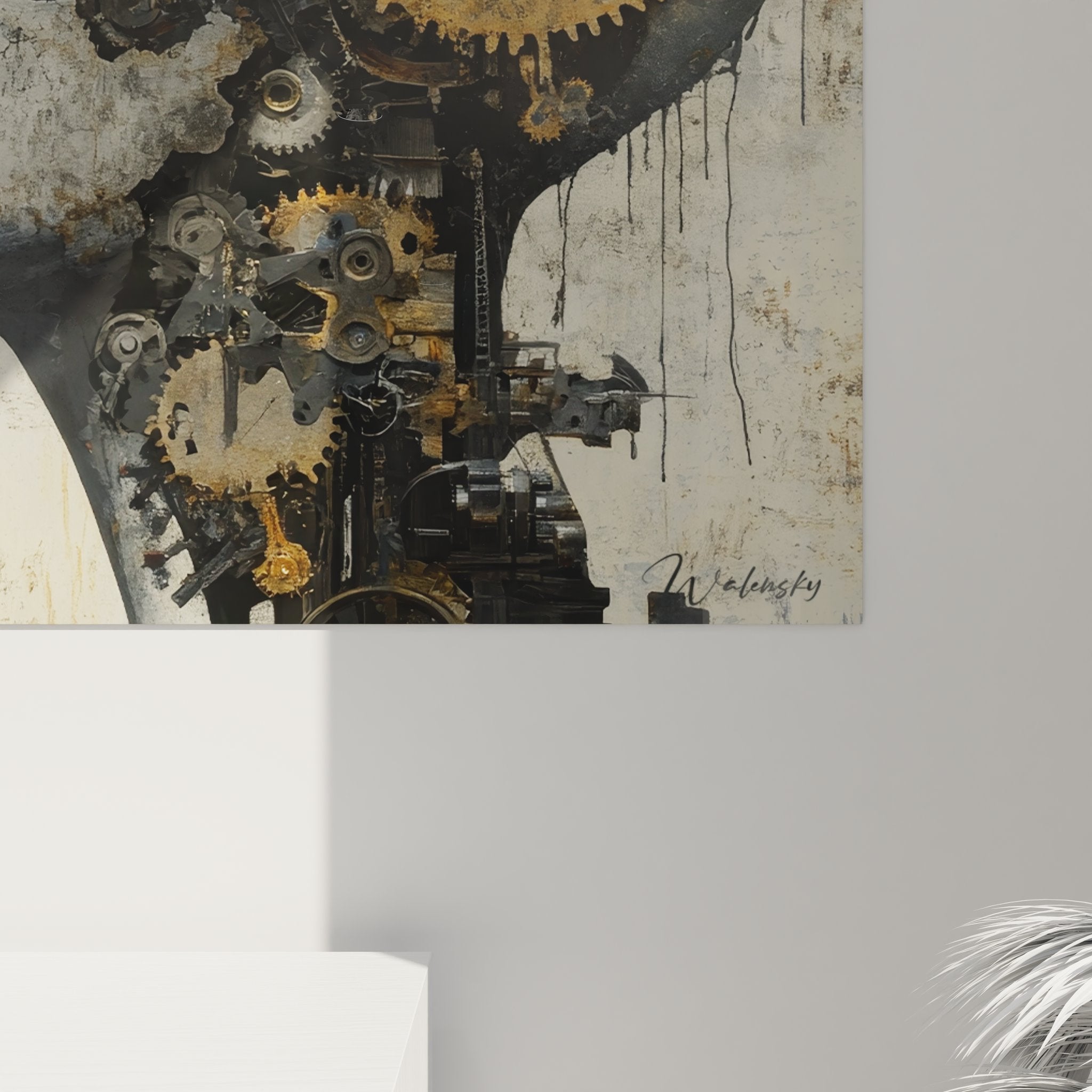 Vue ensemble tableau mural steampunk profil féminin engrenages décoration art industriel