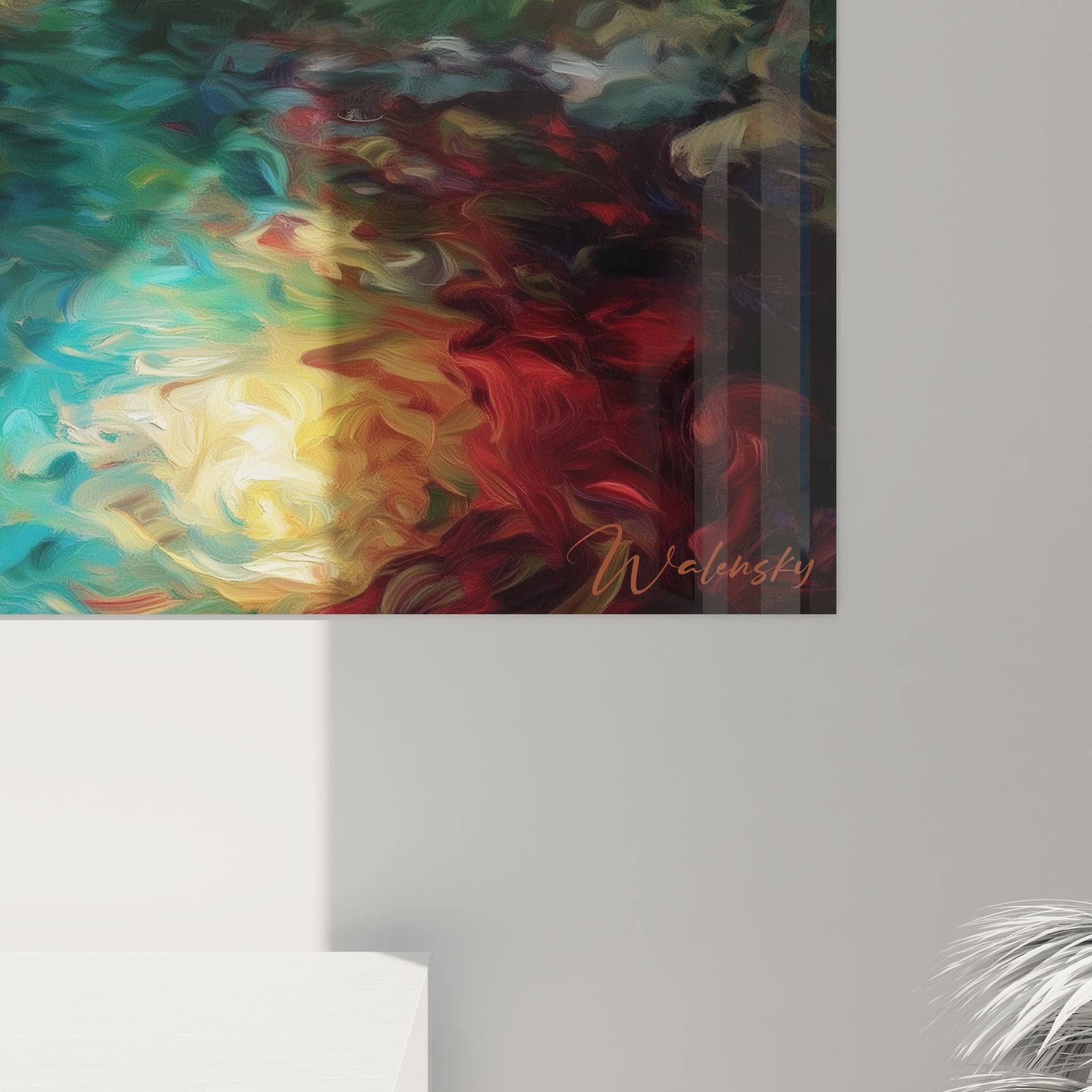 Vue ensemble tableau mural temple montagne dans décoration intérieure moderne zen