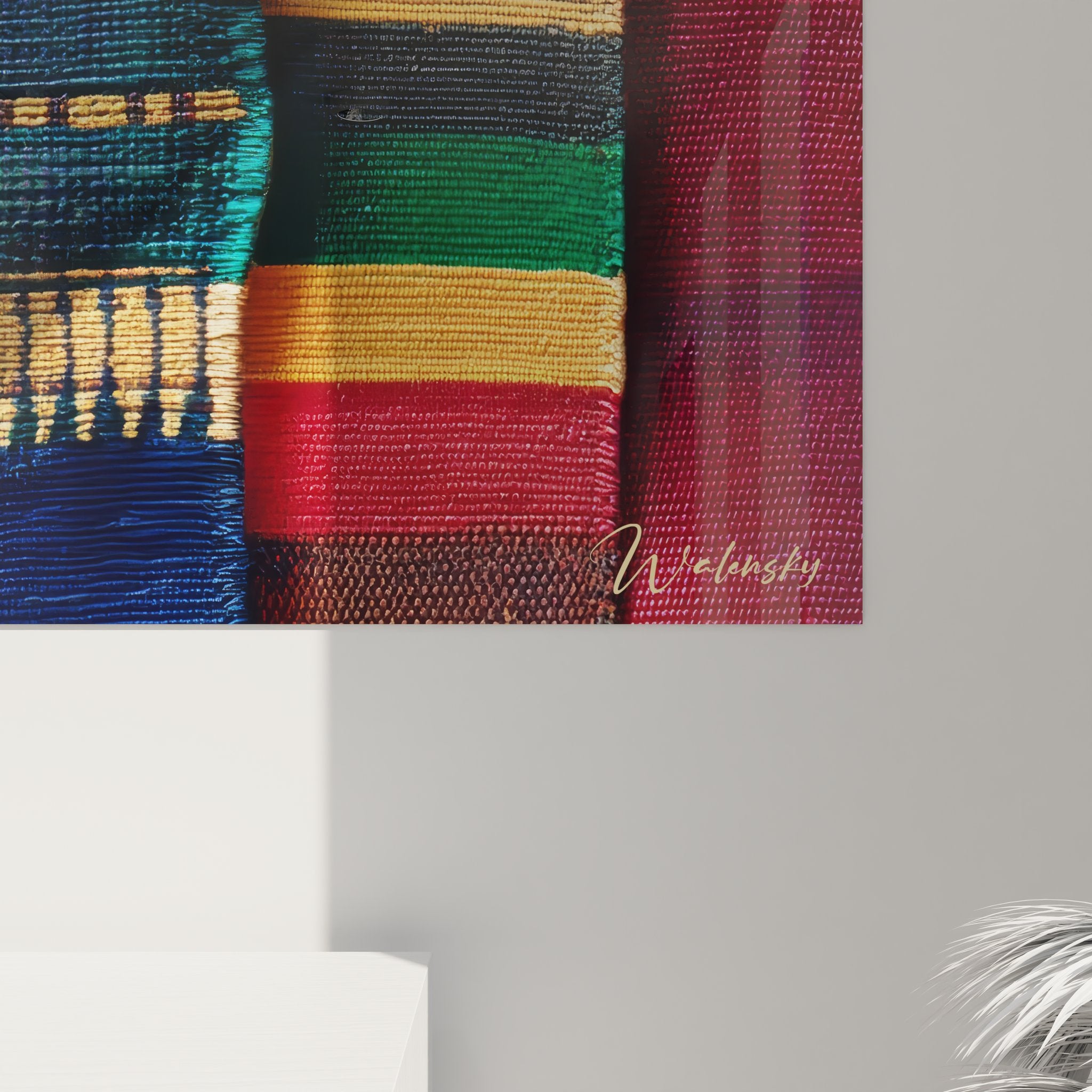 Vue ensemble tableau mural textiles africains mosaïque tissus colorés art ethnique décoratif