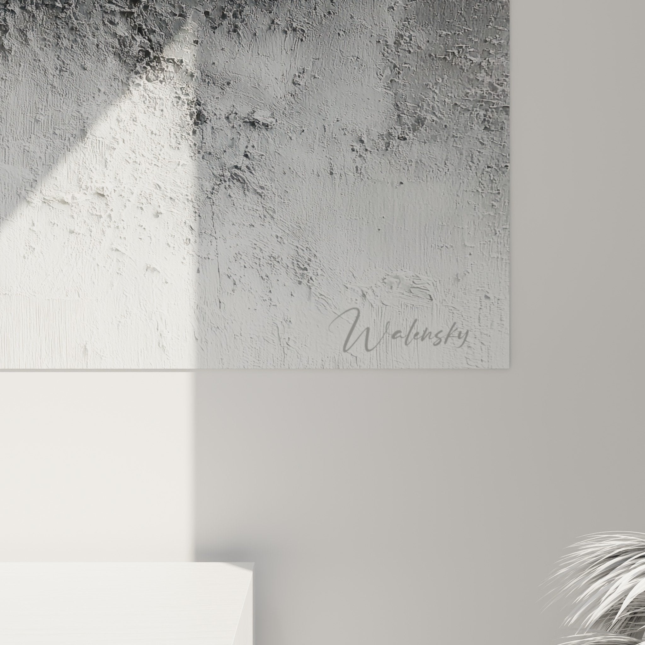 Overview of textured cracked wall art in minimalist contemporary interior style
