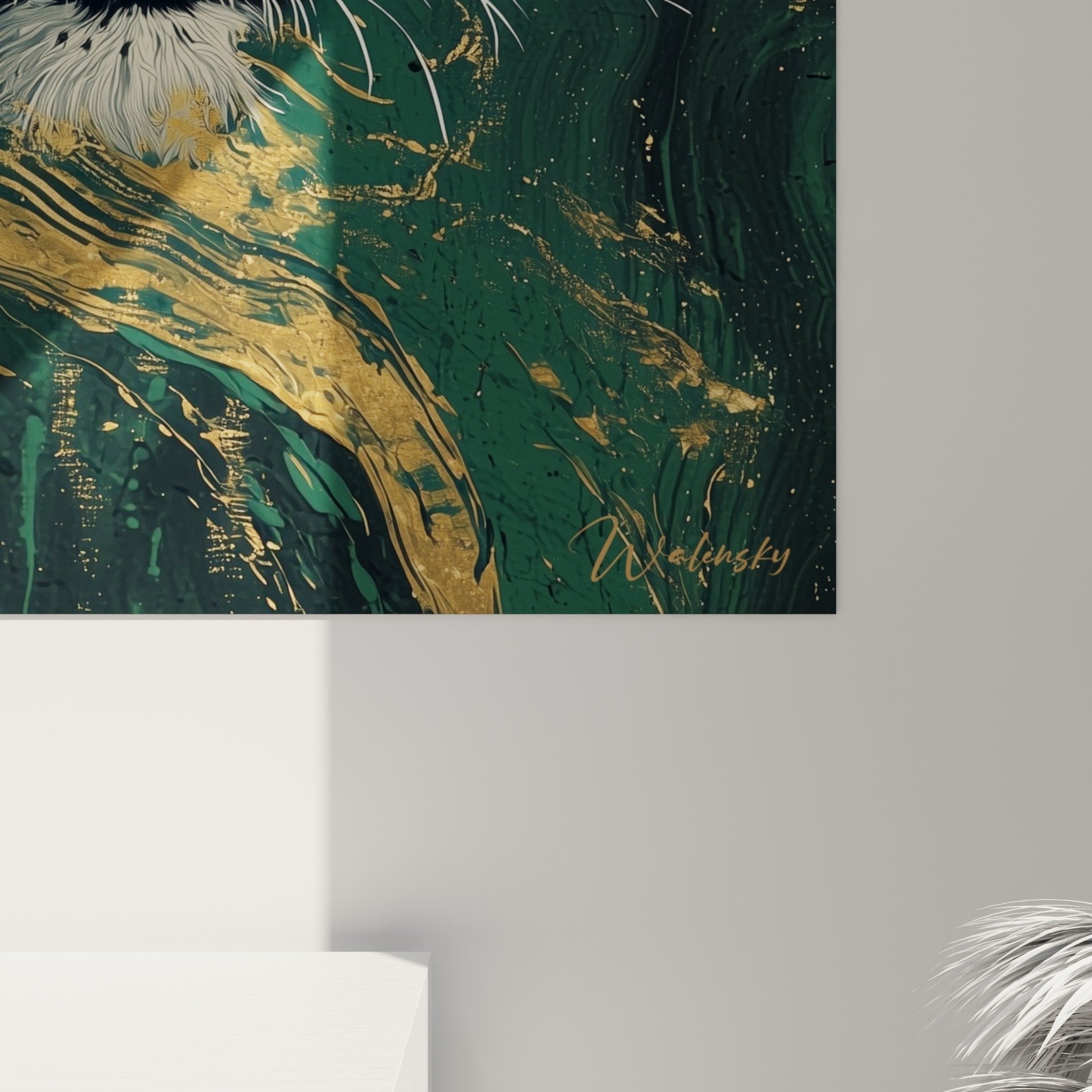 Overview of tiger wall art in artistic style with gold and emerald palette for modern interior
