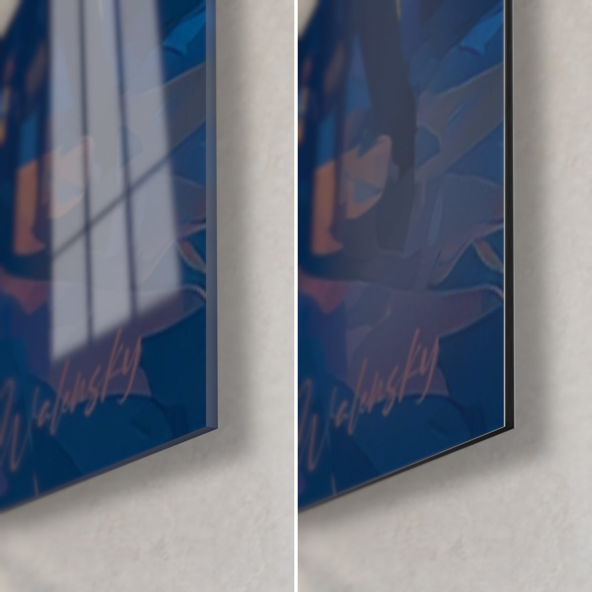 Gemälde Broadway in nachtblauen und bernsteinfarbenen Lichtern, untere rechte Ecke: glänzendes Acrylglas mit Fensterspiegelung, mattes Dibond, 3 mm Kante