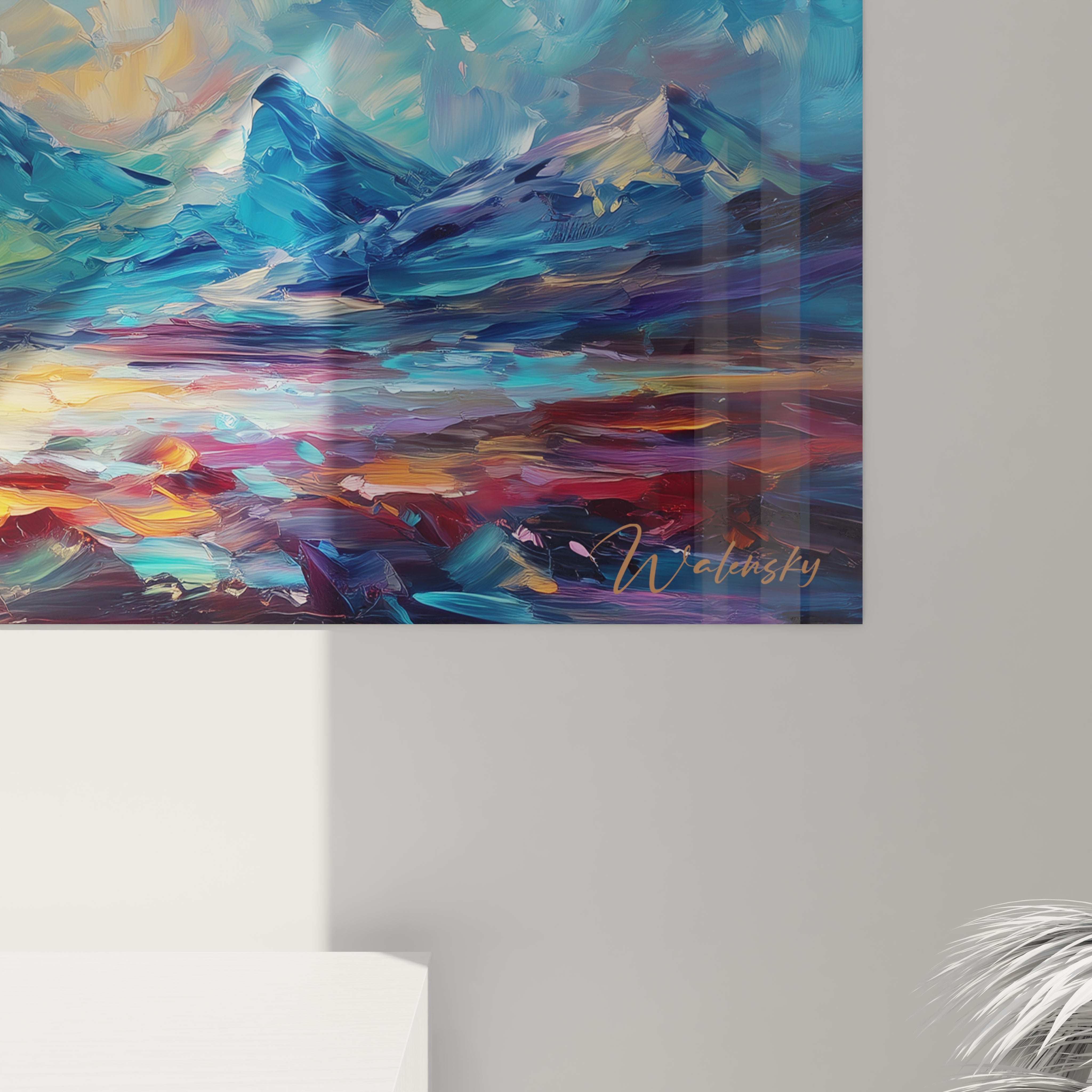 Vue ensemble tableau mural T-Rex coloré, art dinosaure impressionniste, décoration moderne