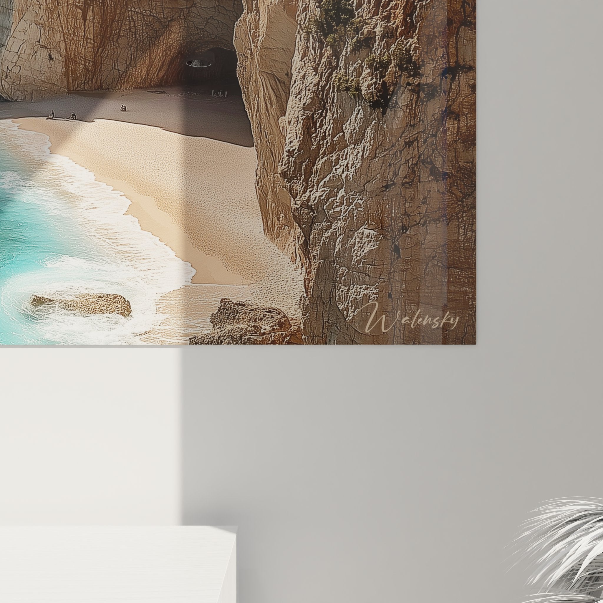 Vue ensemble tableau mural tropical palmiers plage, format panoramique décoration exotique salon