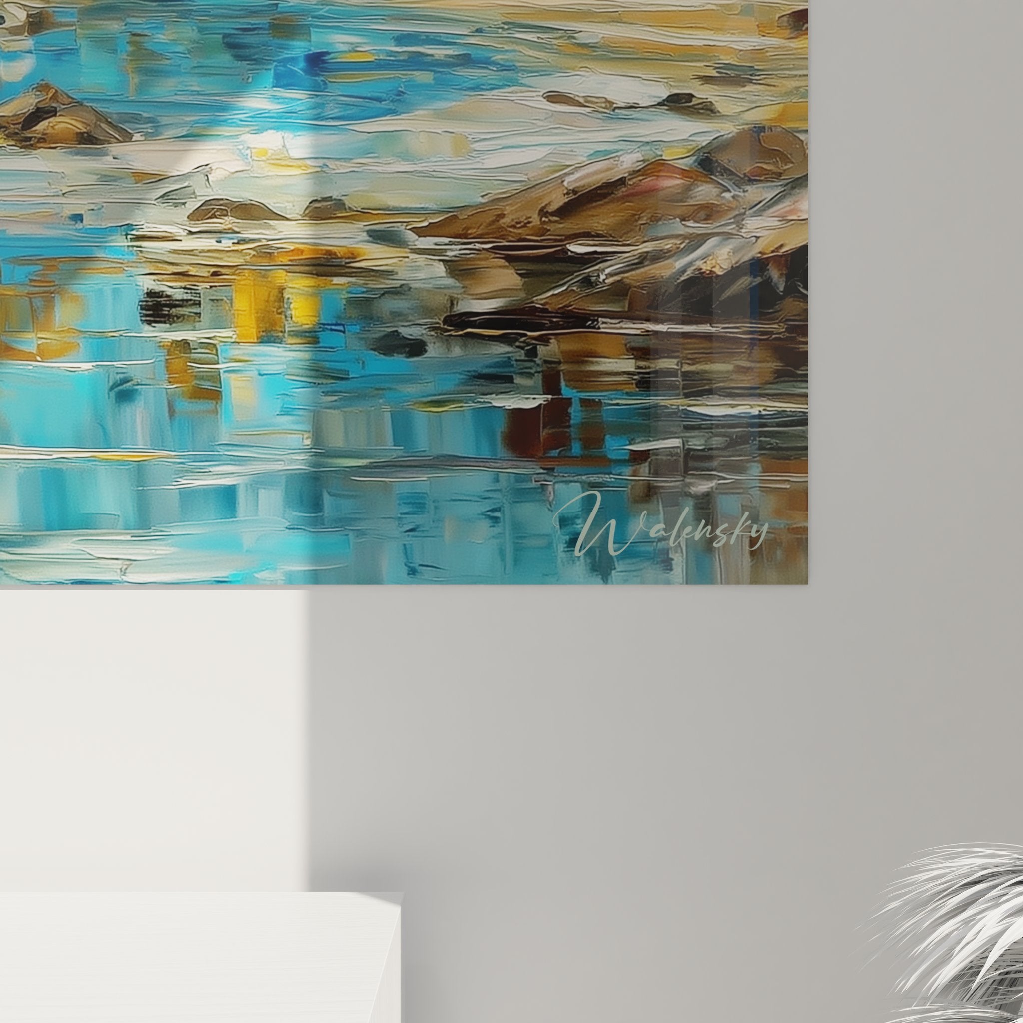 Vue ensemble tableau mural tropical plage coucher soleil palmiers océan décoration intérieur moderne