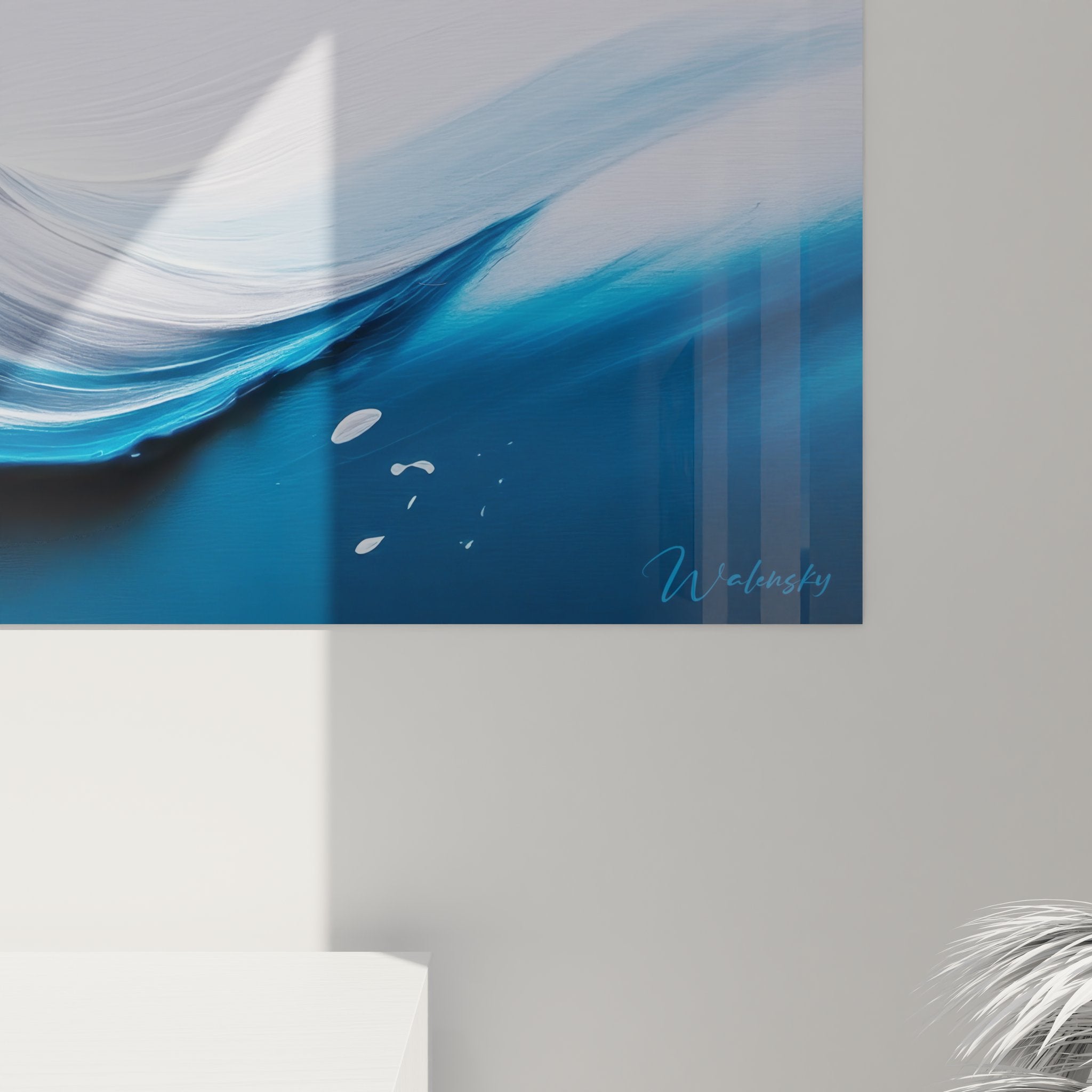 Vue ensemble tableau mural vague océanique abstraite format panoramique décoration murale bleue moderne