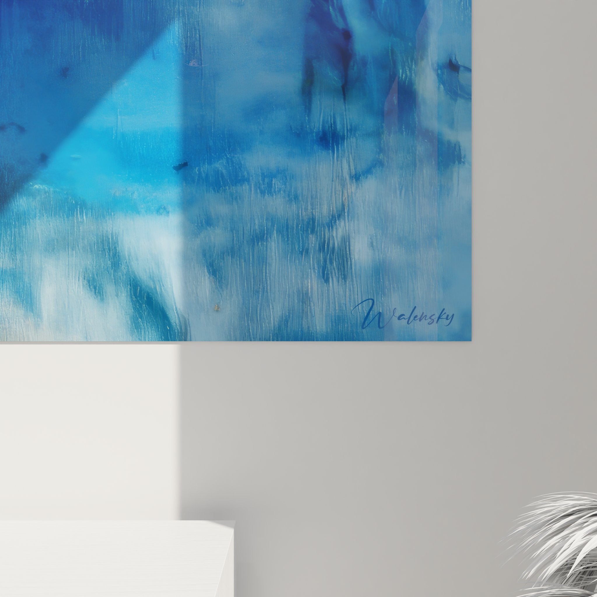 Vue ensemble tableau mural vagues bleues, art abstrait marine texture bois contemporain
