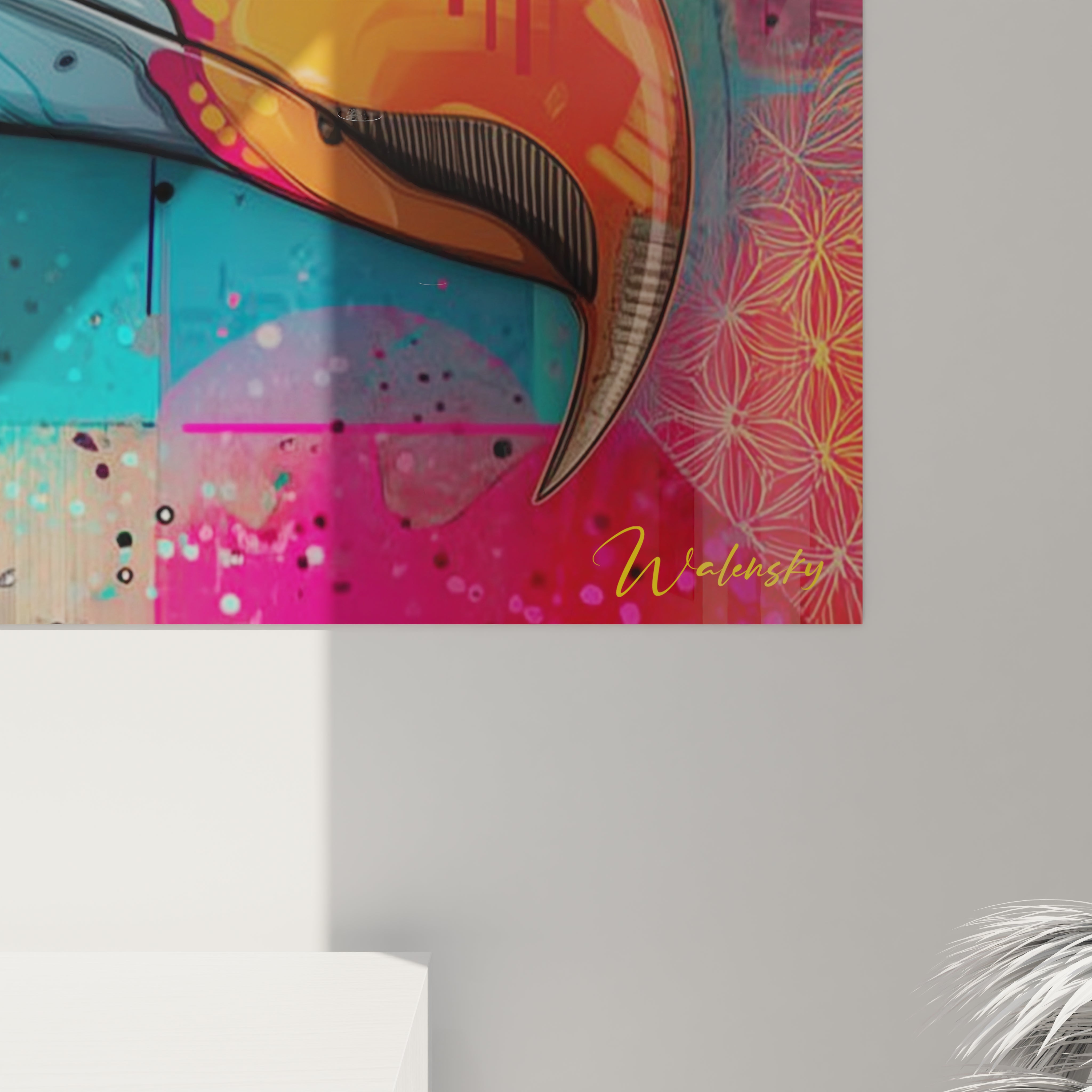 Vue d'ensemble tableau mural vautour psychédélique dans décoration intérieure moderne et colorée