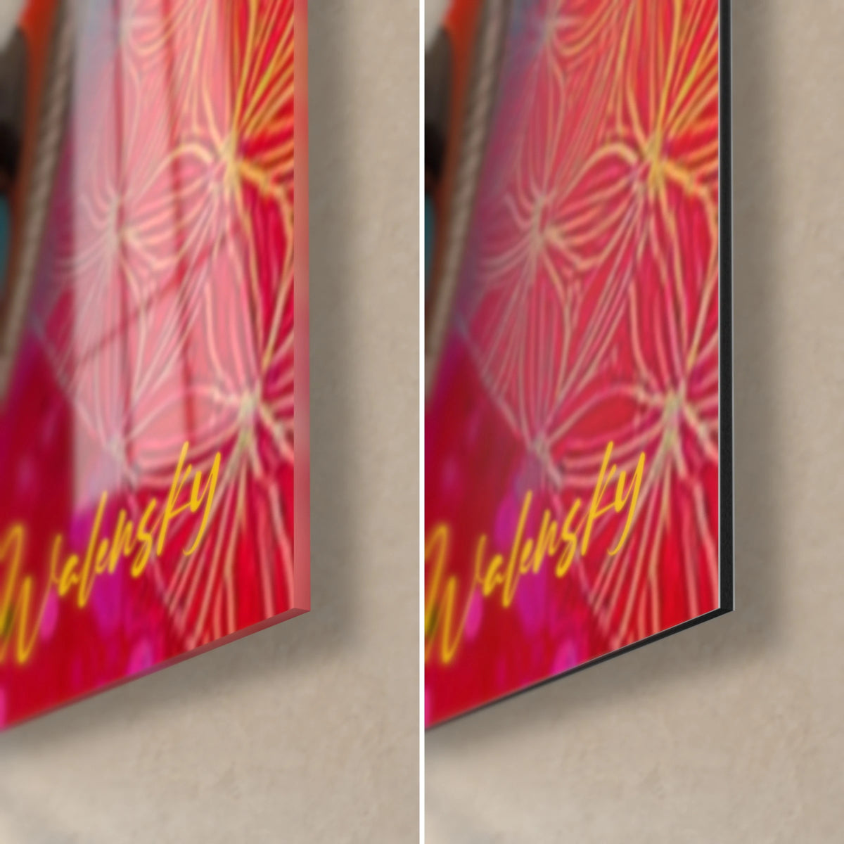 Wall art pop art vulture, bottom right corner: pink and orange motif on glossy acrylic glass on the left, matte black Dibond aluminium on the right