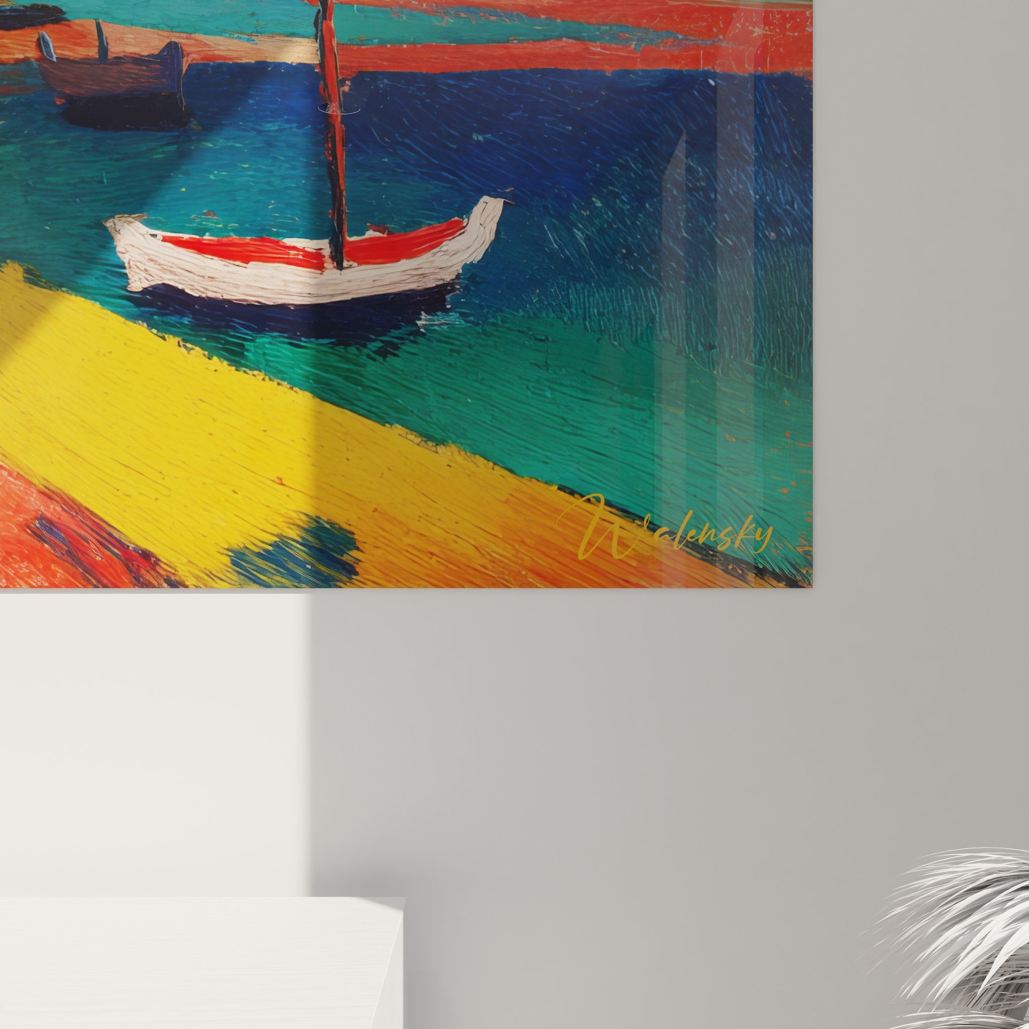 Vue ensemble tableau mural village côtier coloré - décoration bord de mer style méditerranéen expressionniste