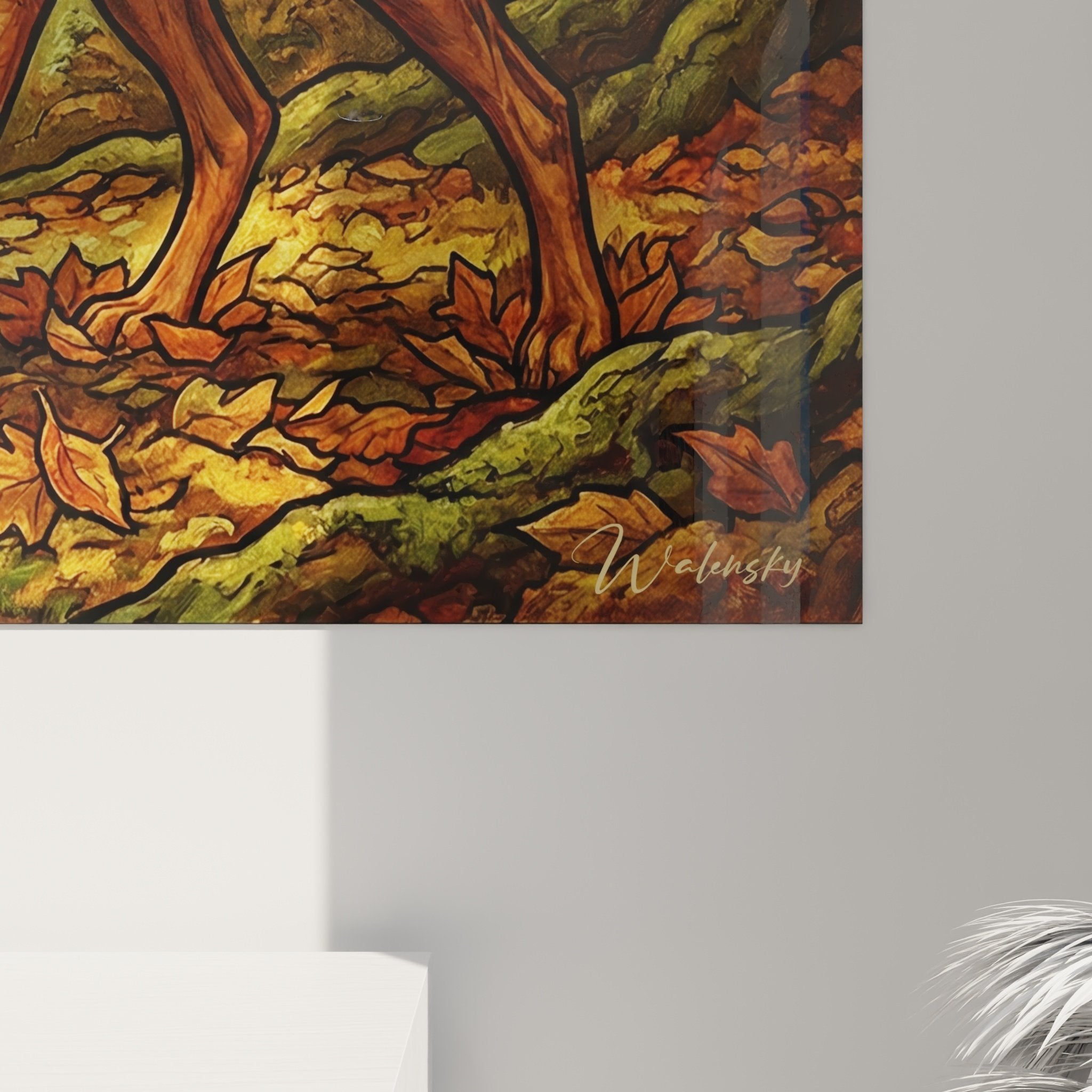 Vue ensemble tableau mural Vizsla automne style vitrail décoration intérieur tons chauds oranges ocres