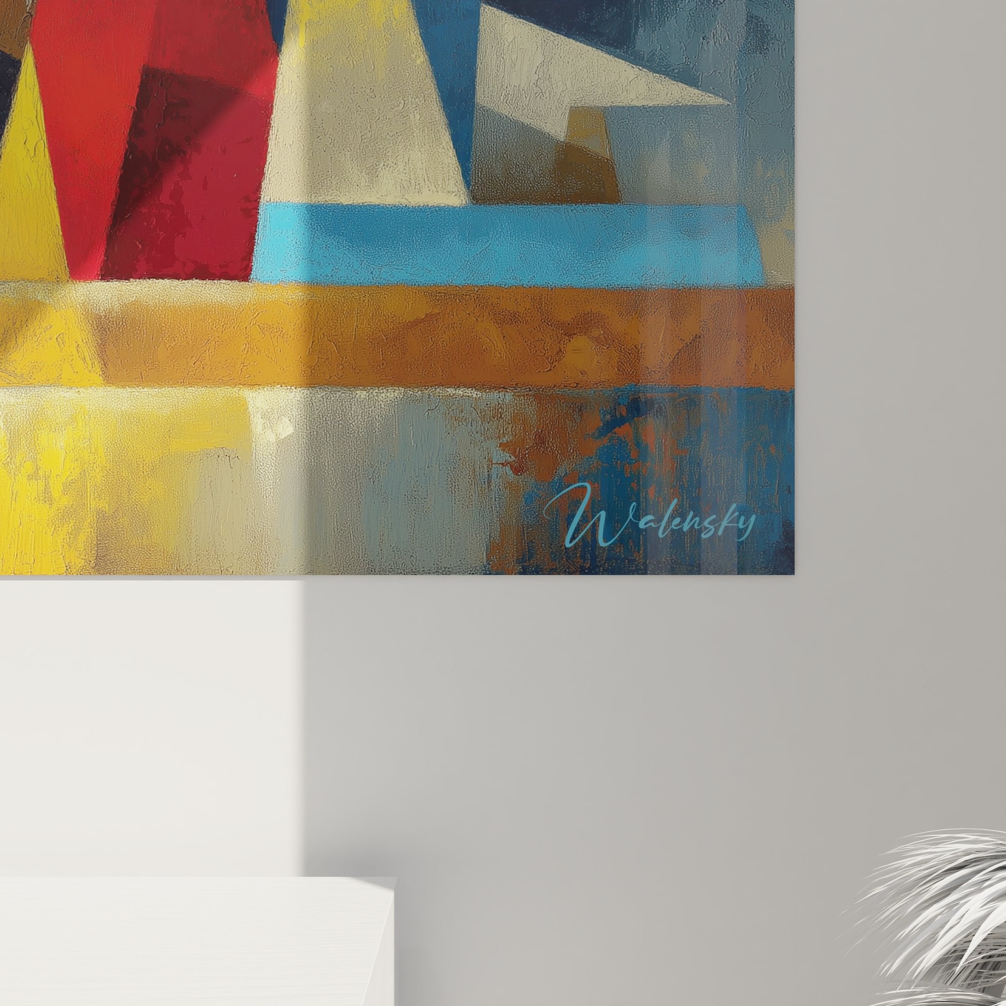 Vue ensemble tableau mural voiliers géométriques montagne art décoratif moderne composition triangulaire