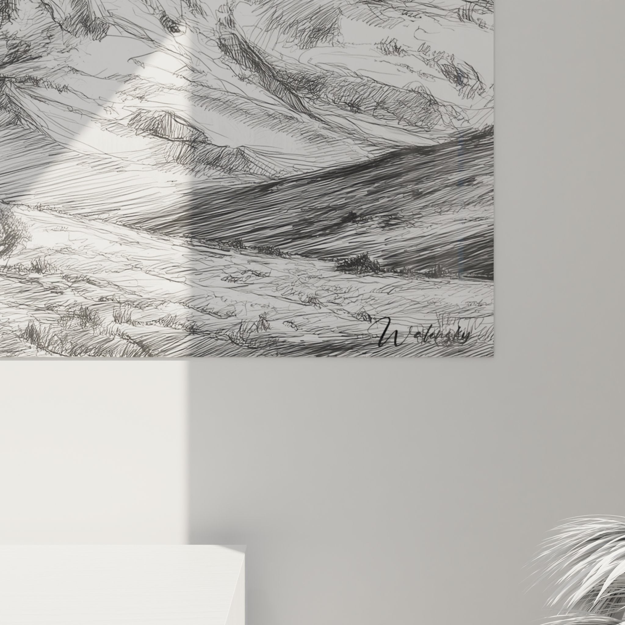 Vue ensemble tableau mural volcan en éruption art géologique noir et blanc décoratif