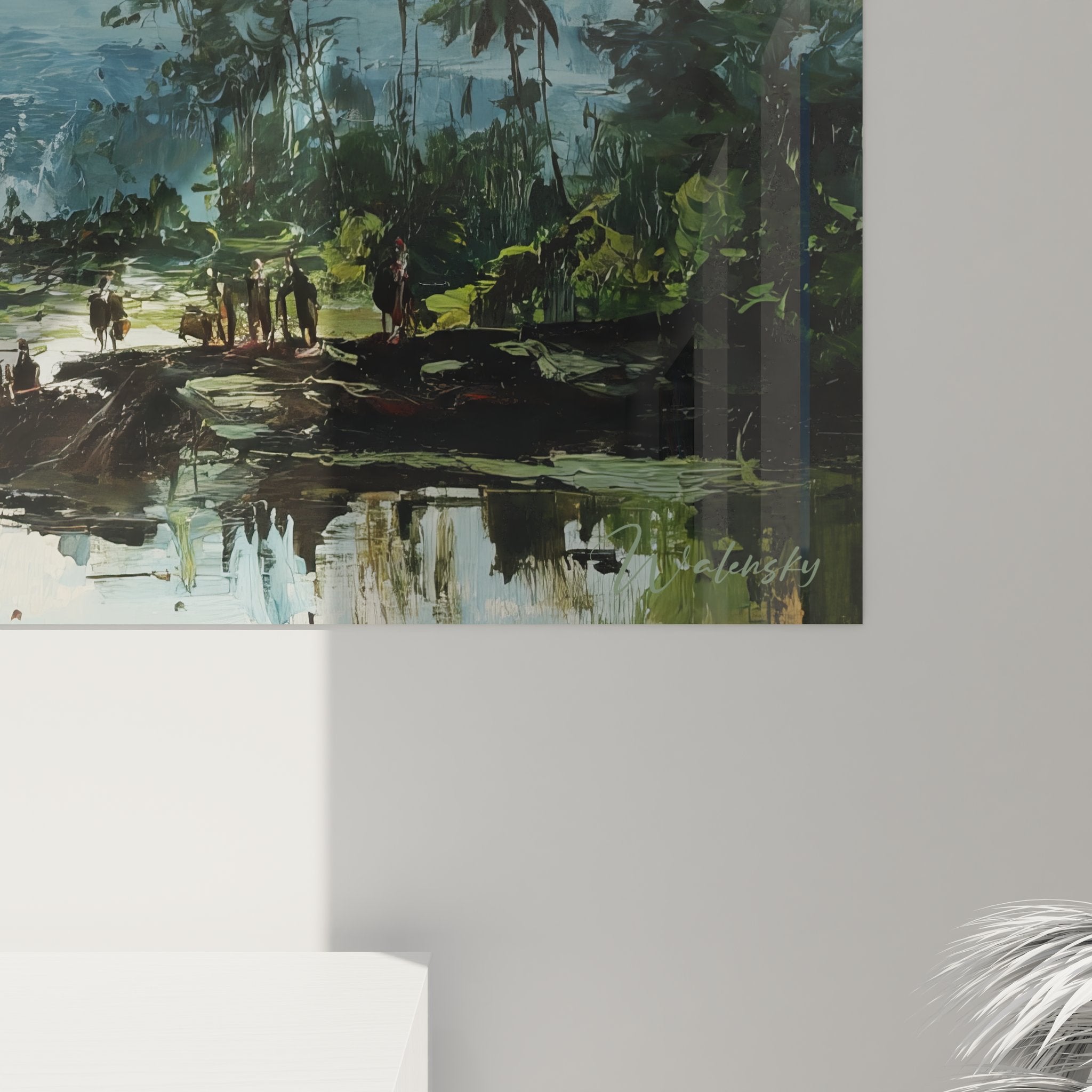 Vue ensemble tableau mural volcan éruption paysage tropical lac palmiers décoration nature