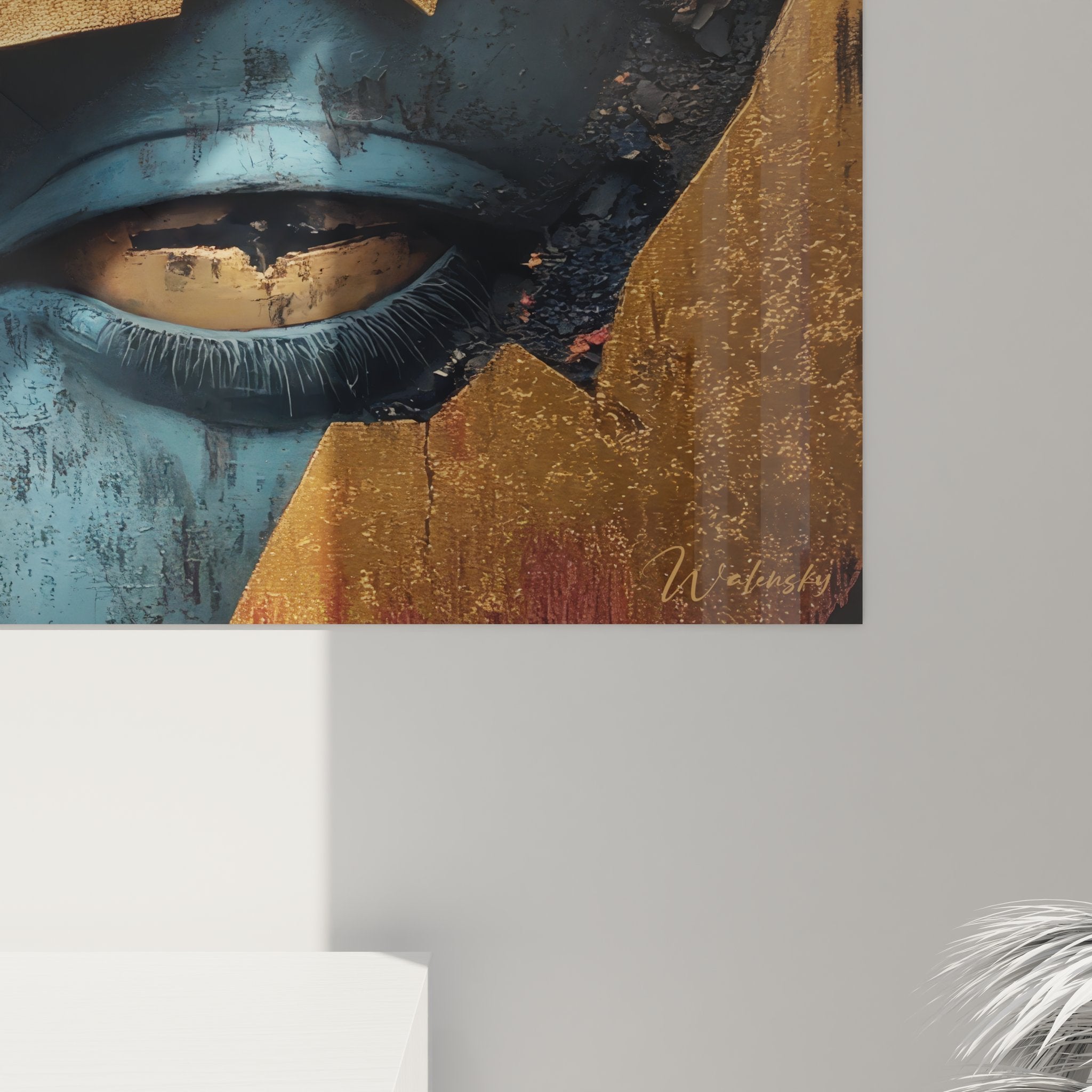 Vue ensemble tableau mural yeux masqués, œuvre figurative abstraite décoration intérieure