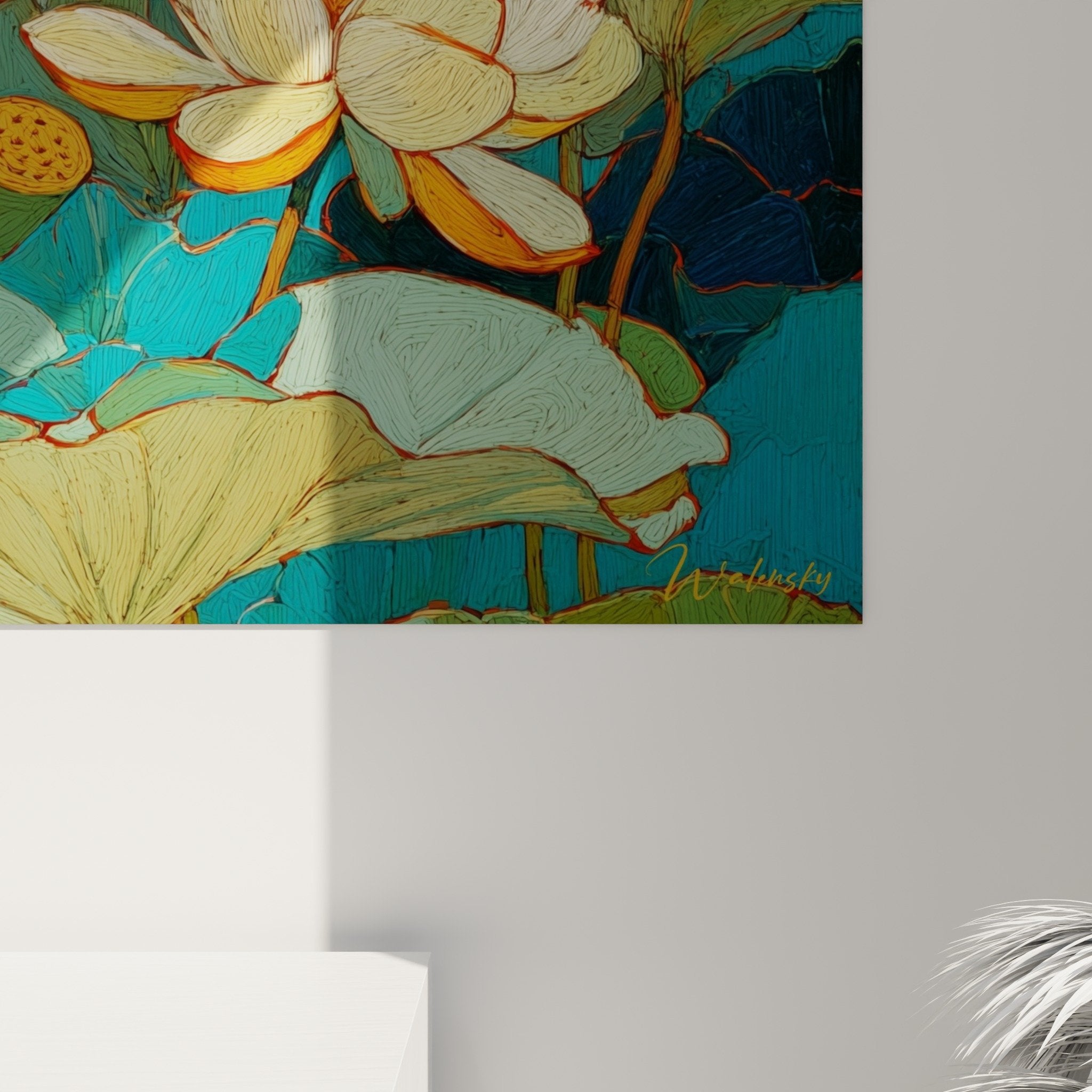 Vue d'ensemble tableau nénuphars, composition florale turquoise, art mural nature, format panoramique