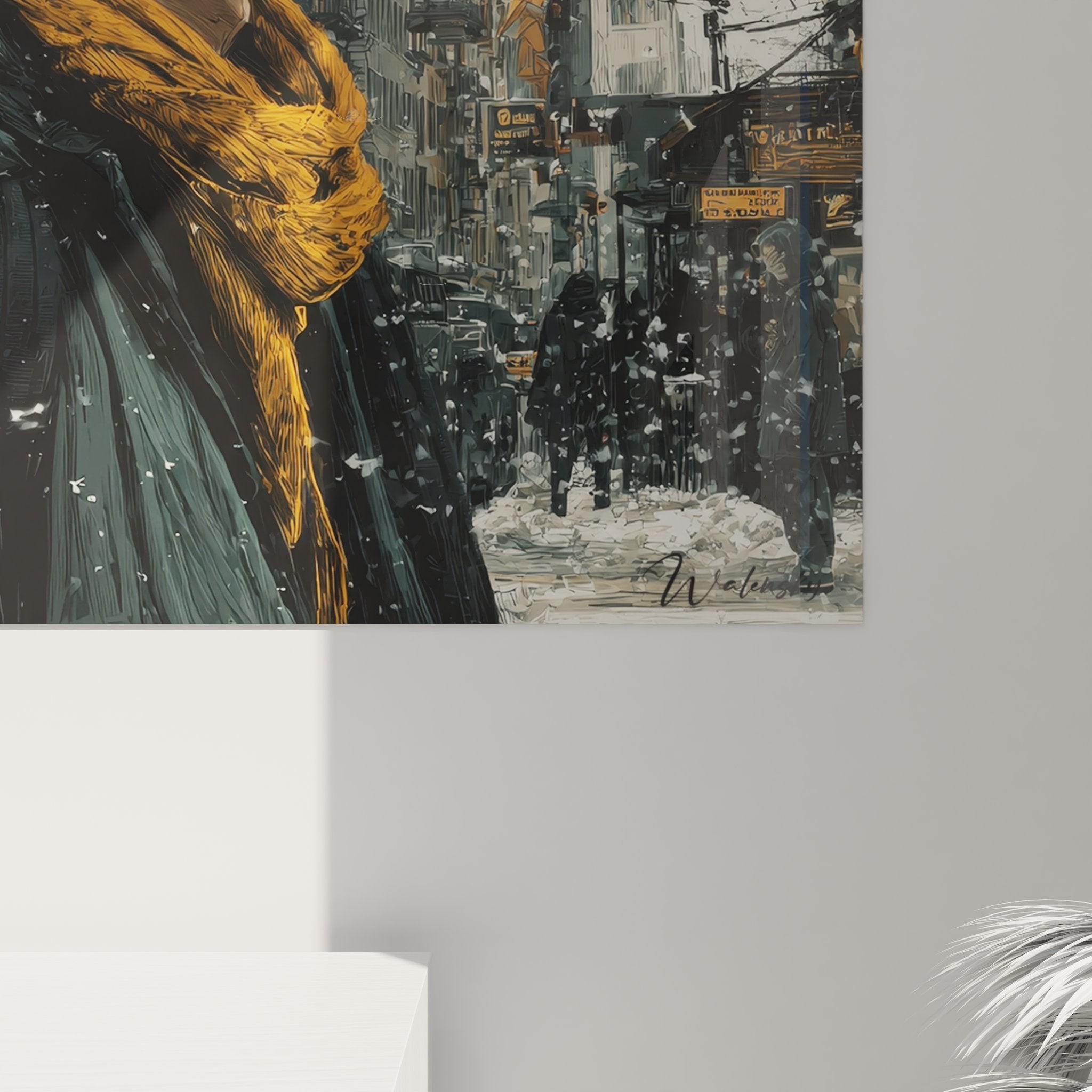 Vue ensemble tableau New York hiver femme urbaine décoration murale moderne art contemporain street scene