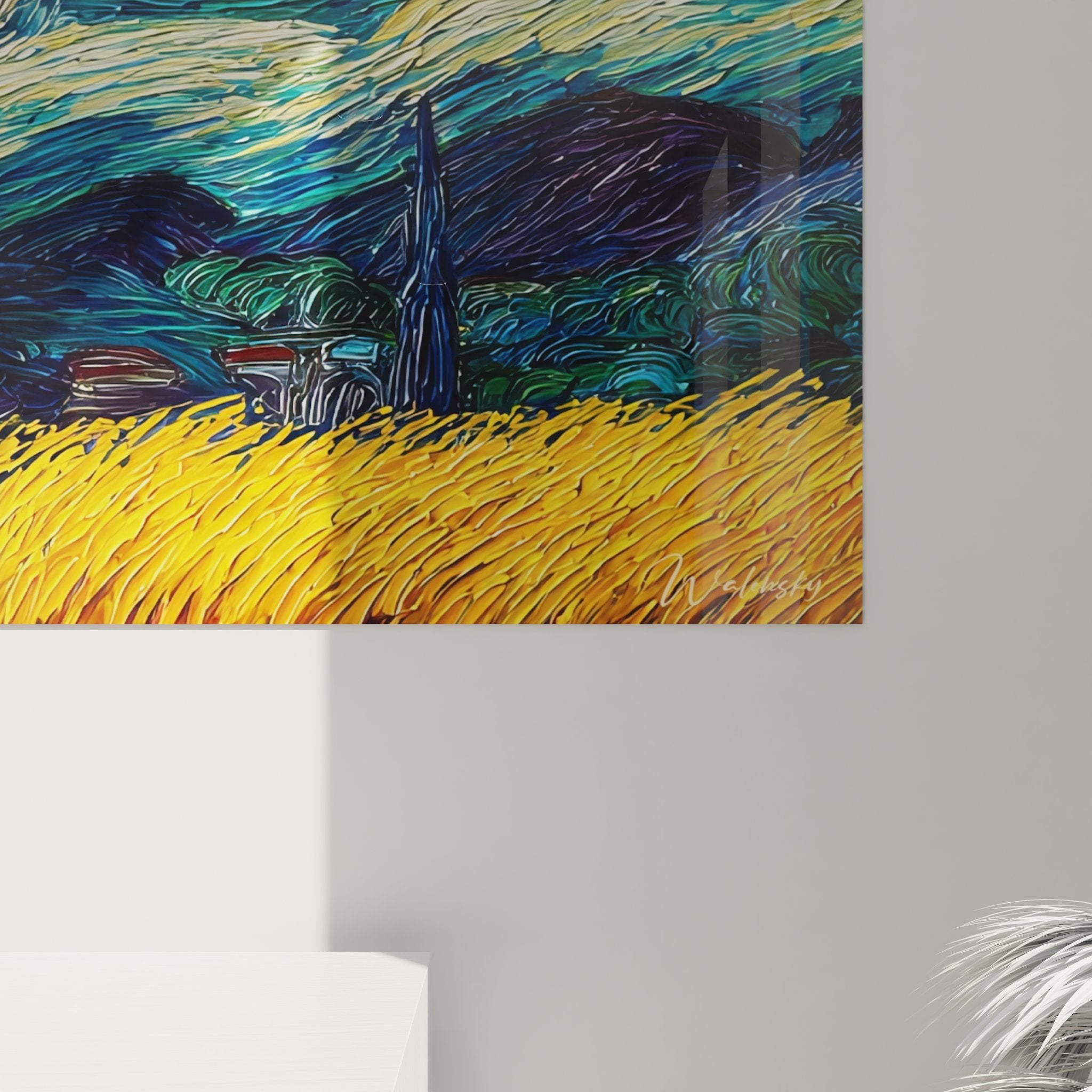 Vue d'ensemble du tableau nuit étoilée montrant cyprès, village et ciel tourbillonnant aux couleurs vives