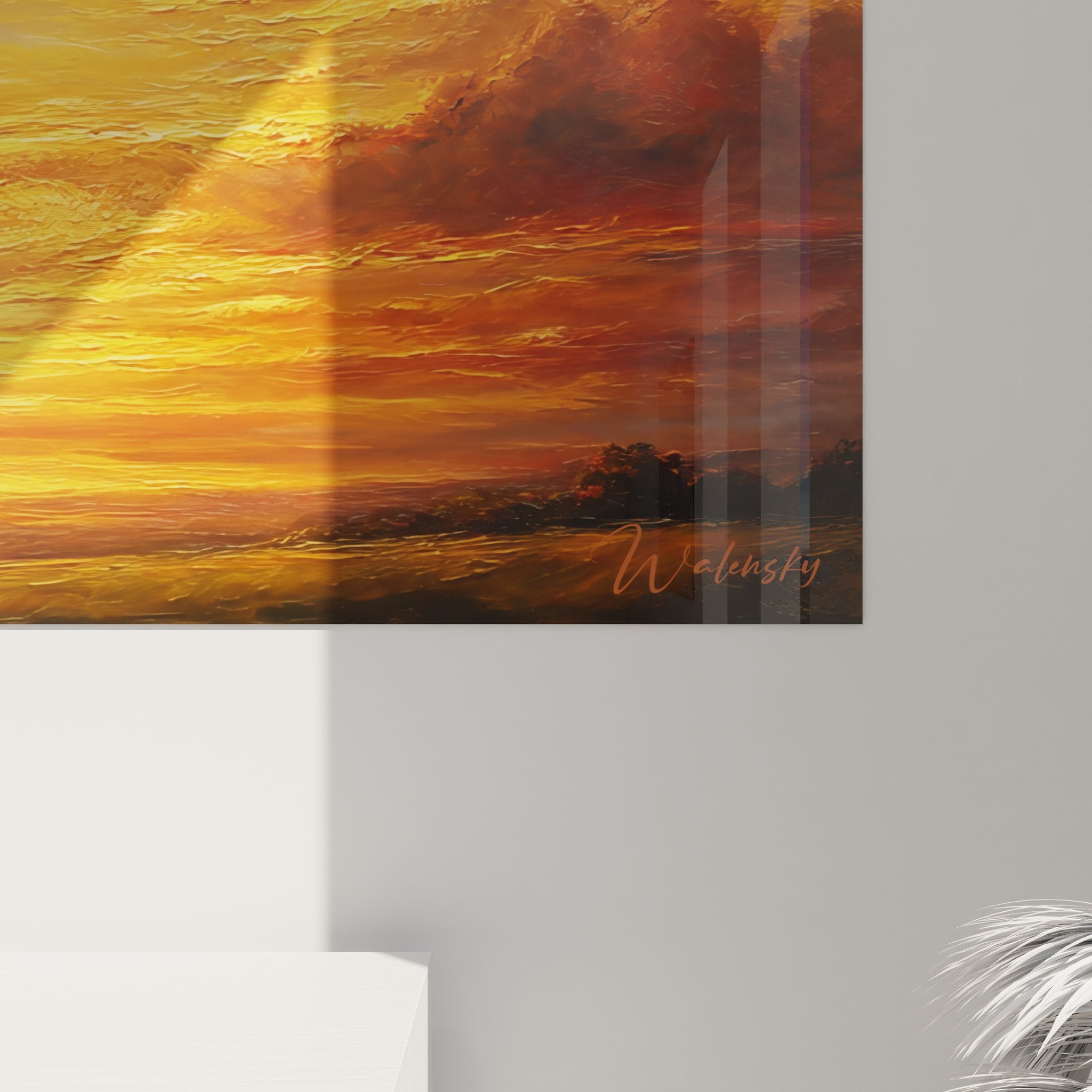 Vue d'ensemble tableau coucher de soleil océan avec reflets dorés et formations rocheuses côtières