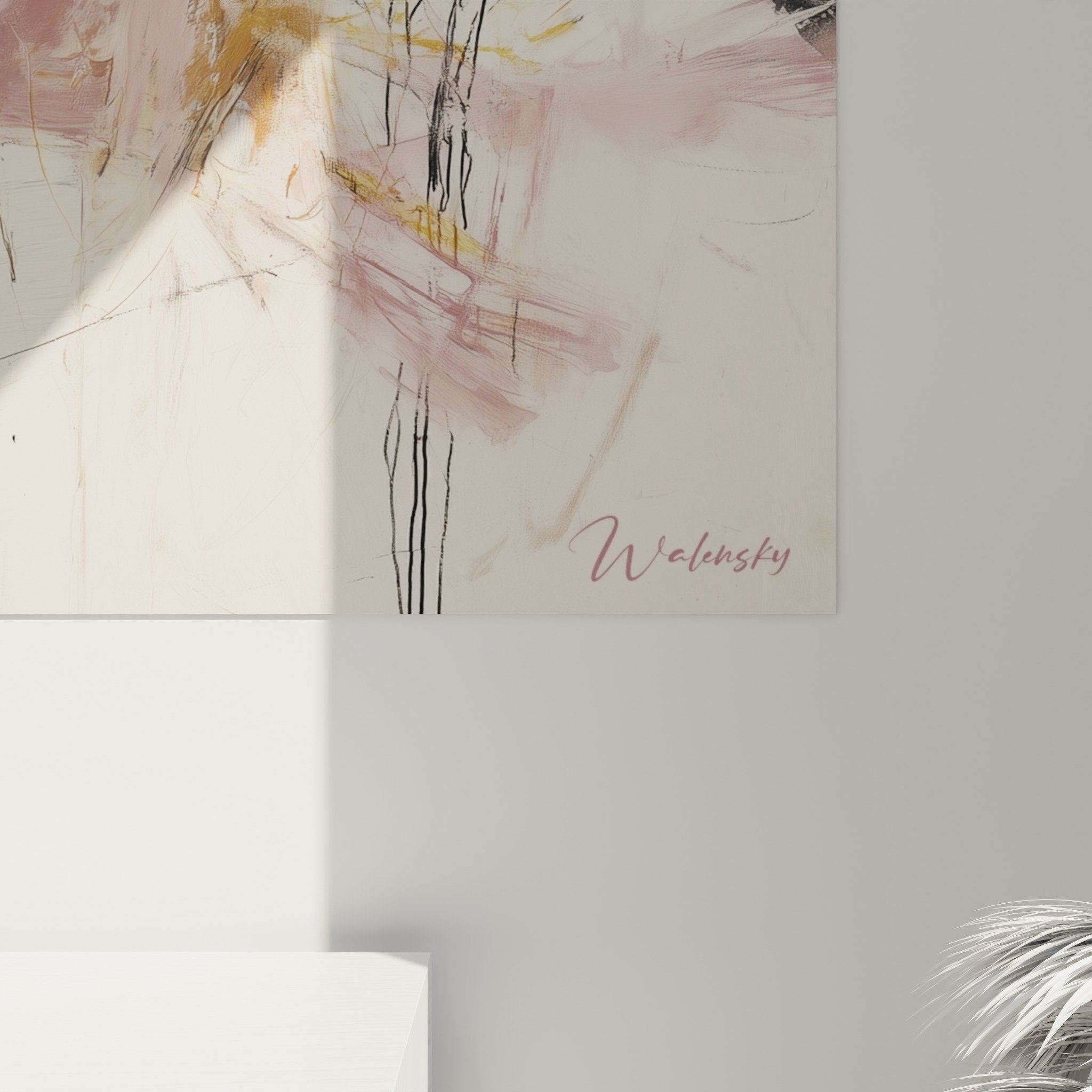 Overview of abstract ochre pink and black painting in elegant contemporary interior