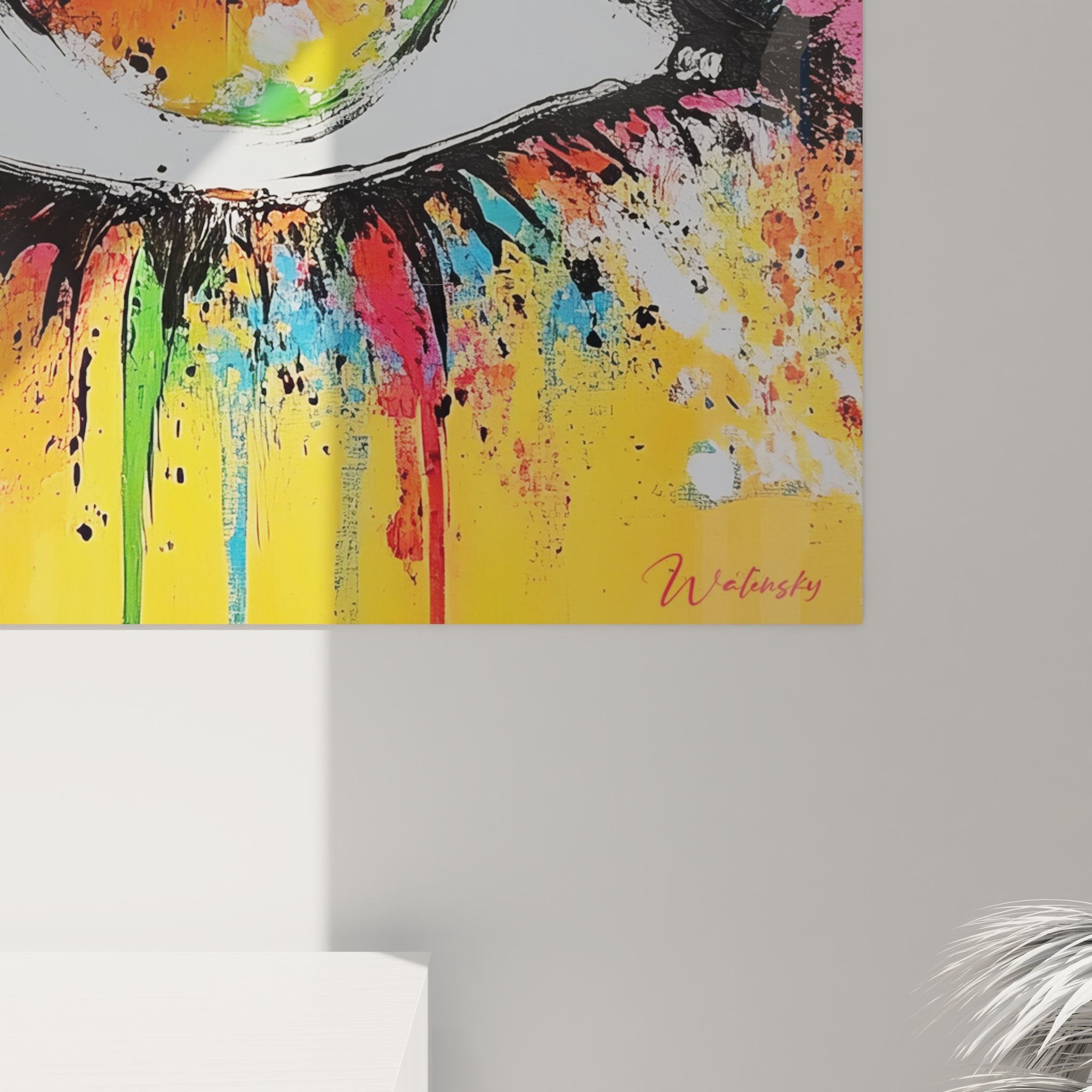 Vue ensemble tableau œil multicolore, art mural contemporain aux couleurs éclatantes