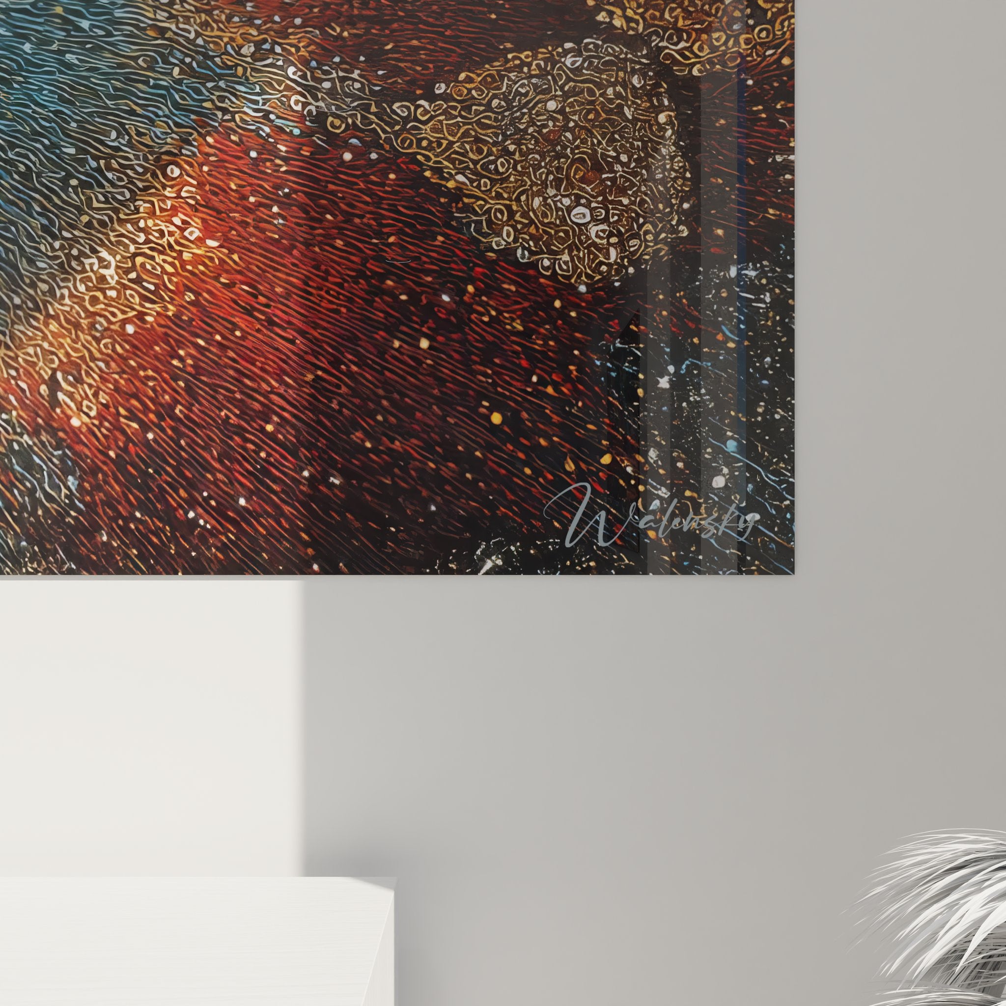 Vue ensemble tableau œil cosmique mural - décoration spatiale complète dans intérieur moderne