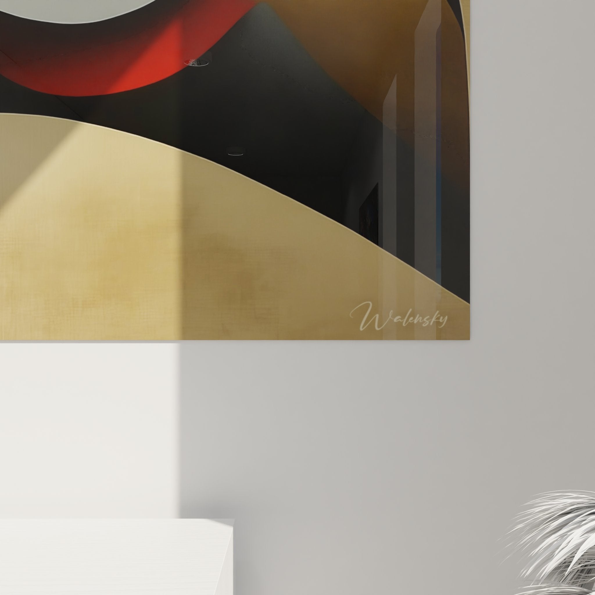 Vue ensemble tableau mural oiseau géométrique abstrait dans intérieur moderne avec éclairage ambiant