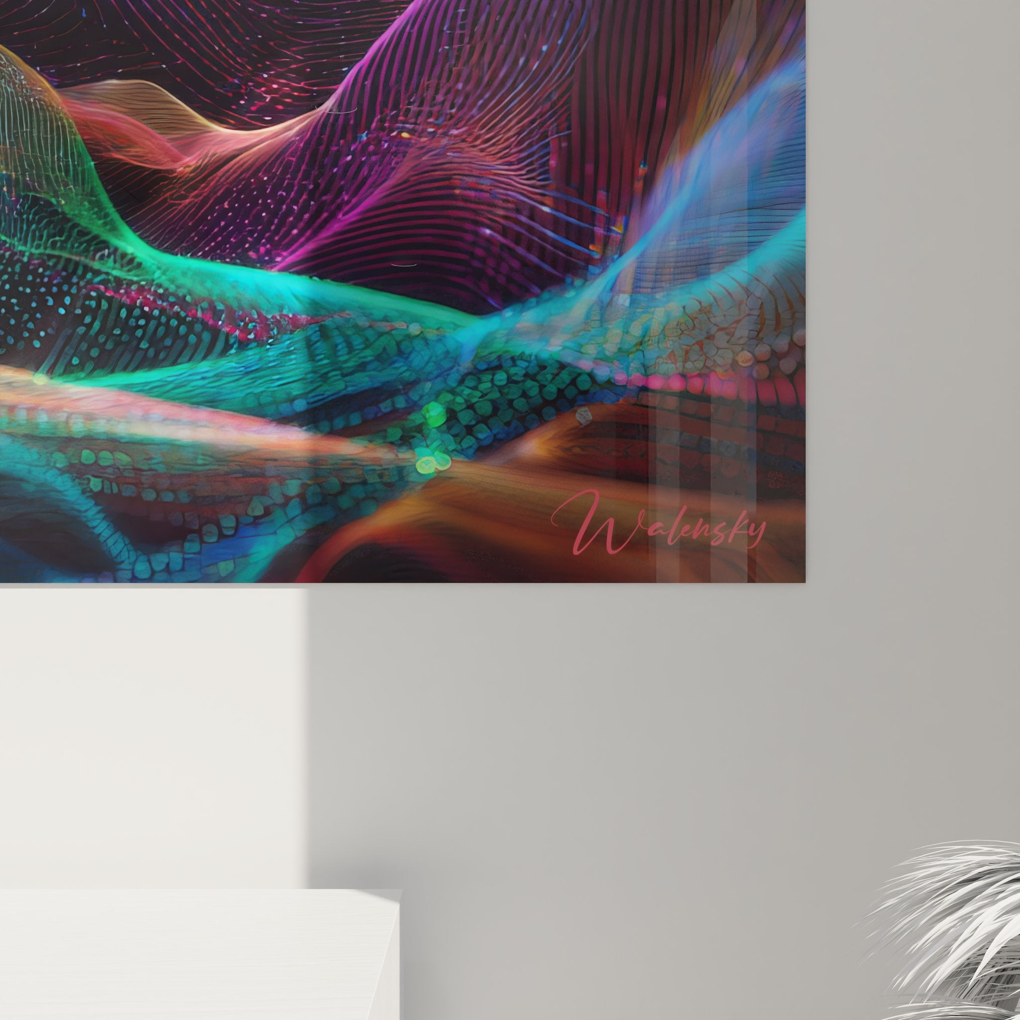 Vue ensemble tableau mural ondes énergétiques futuristes art abstrait numérique coloré