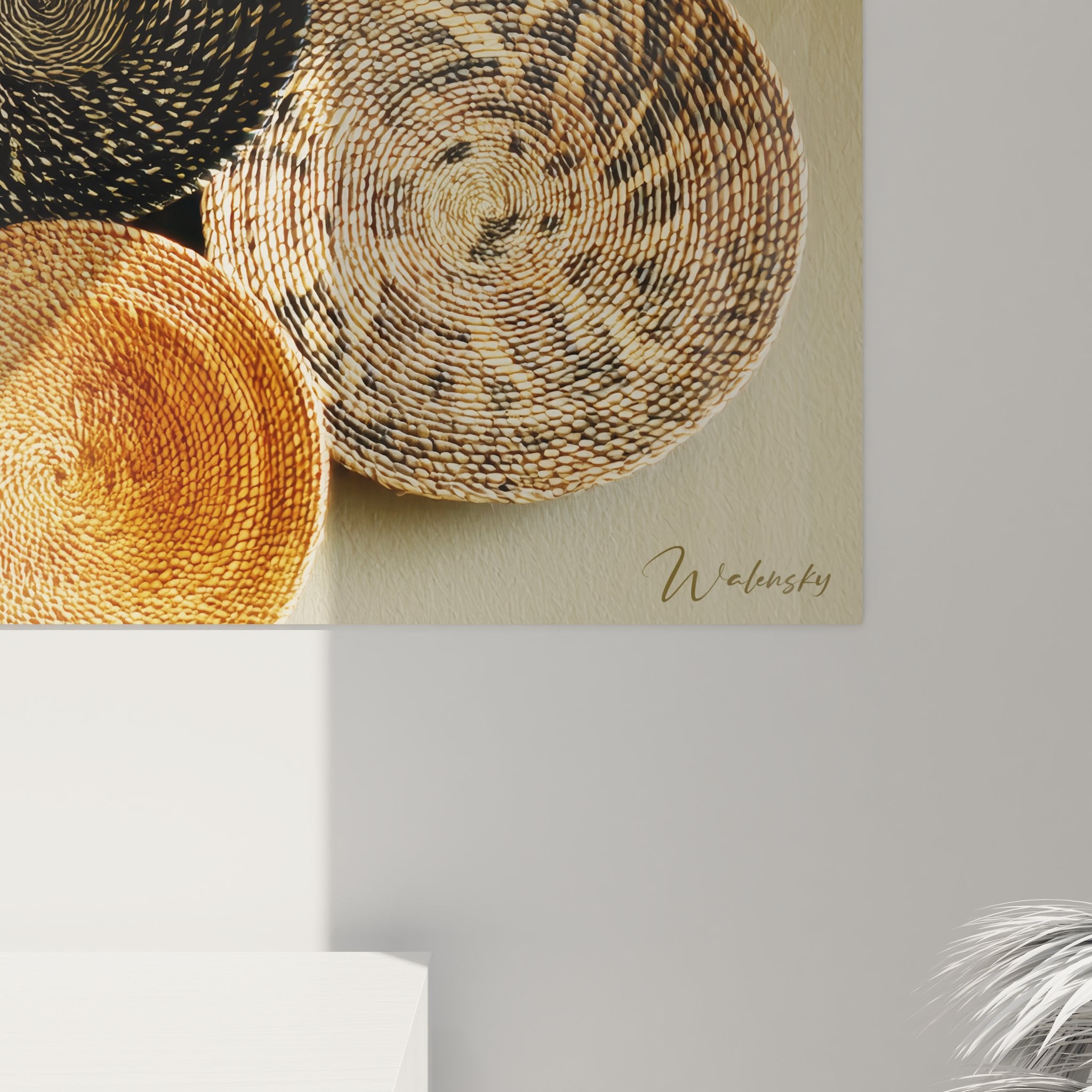 Vue d'ensemble tableau mural paniers africains montrant composition artistique et diversité artisanale