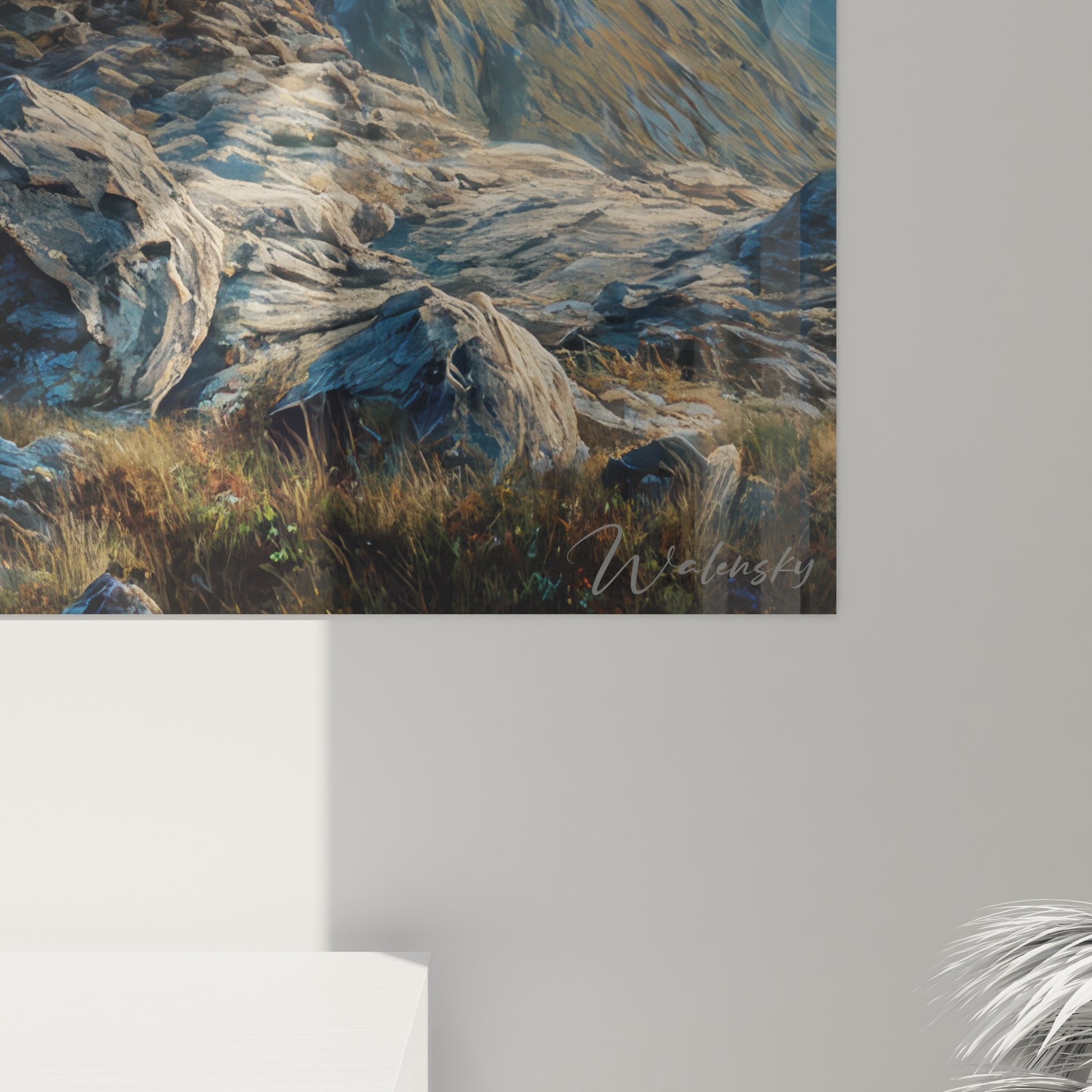 Vue ensemble tableau art mural montagne avec perspective panoramique sur chaîne de sommets