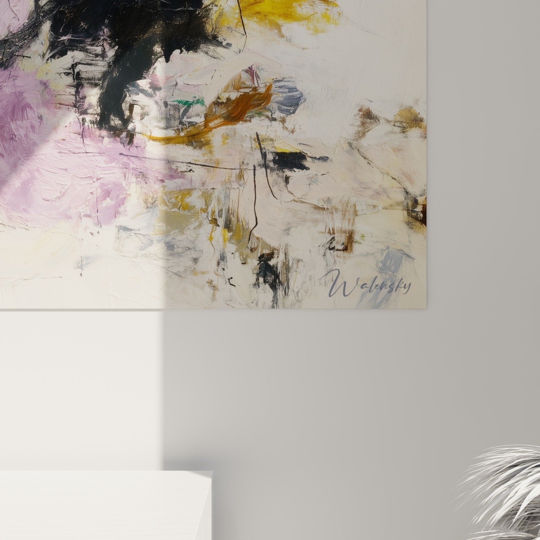 Panoramic abstract painting overview - yellow purple beige chromatic composition