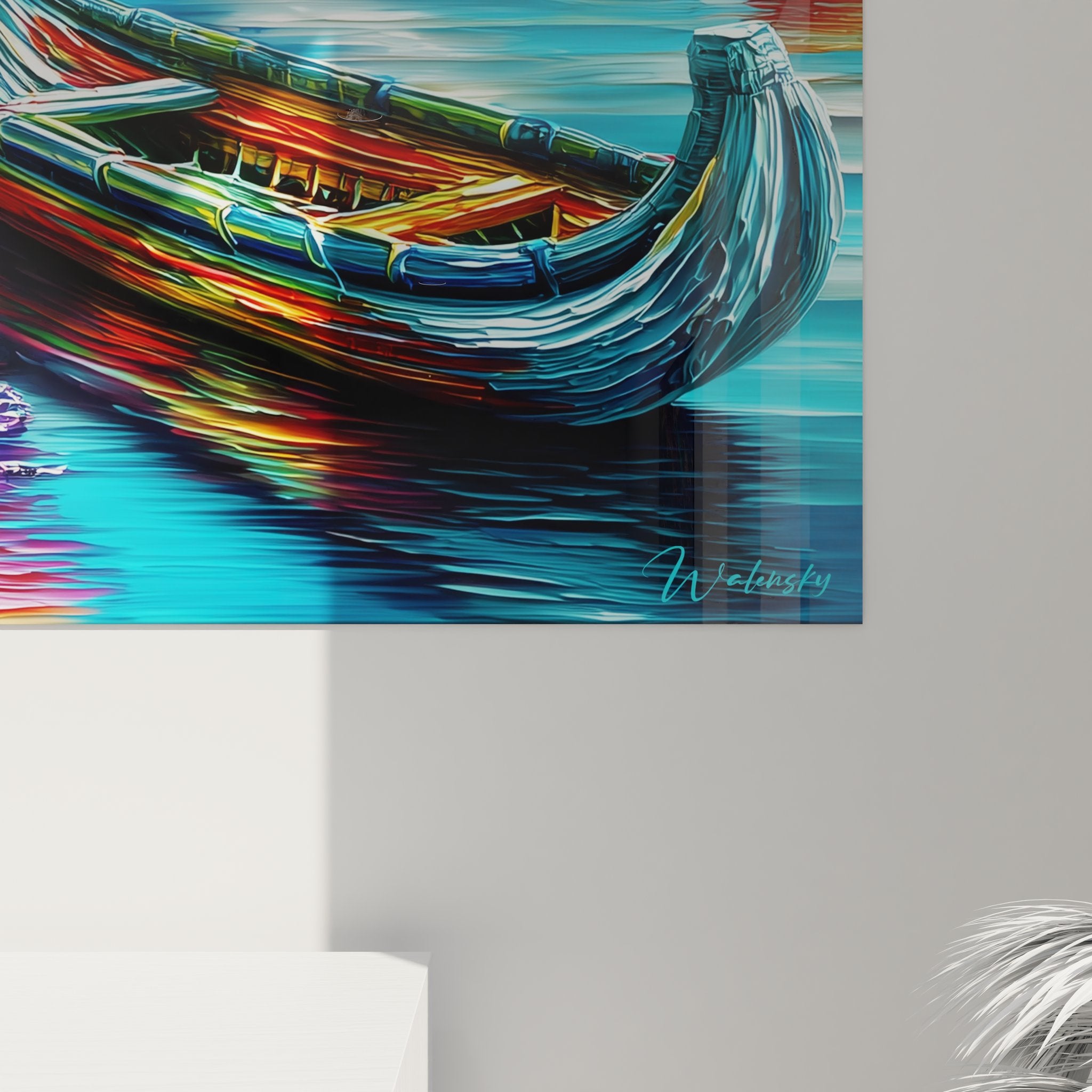 Vue ensemble tableau panoramique barques lac, art mural décoratif couleurs vives dans intérieur contemporain