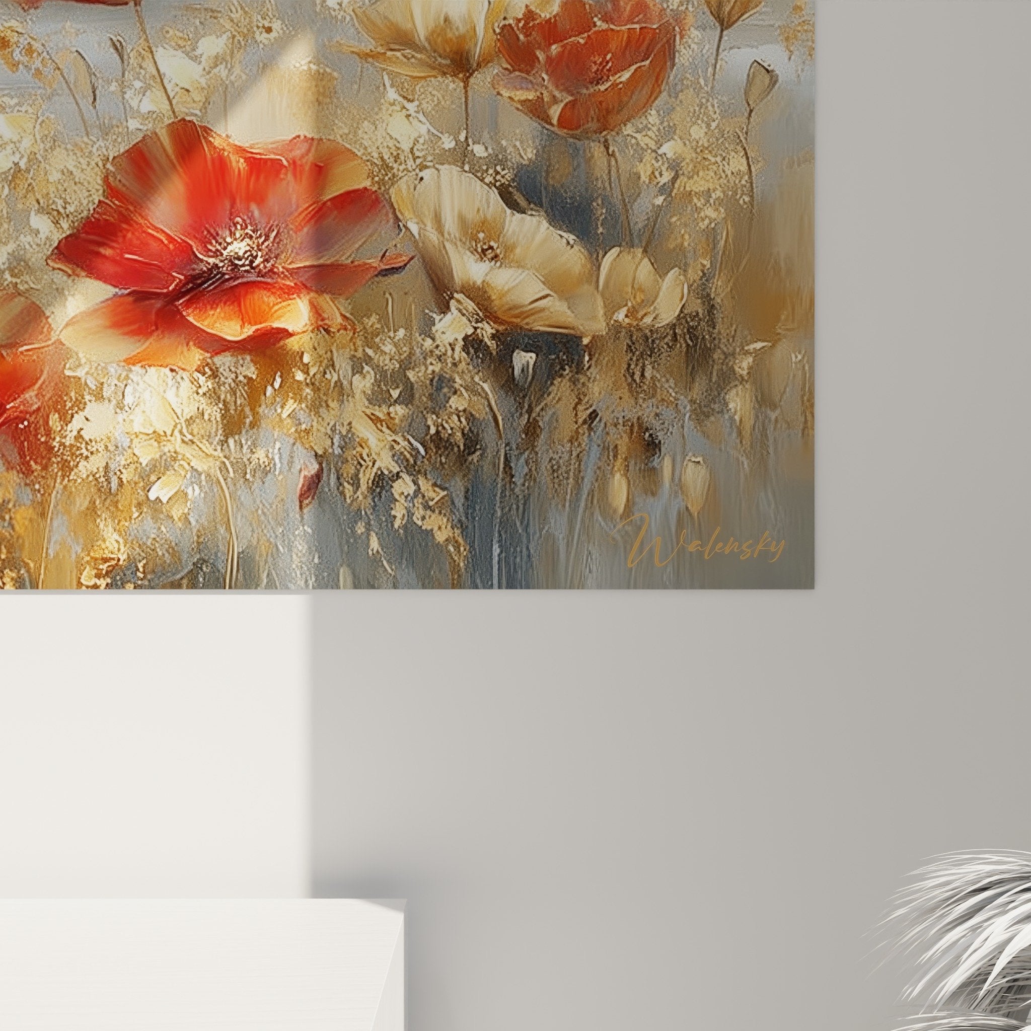 Overview panoramic poppies wall art - red golden floral art on wall